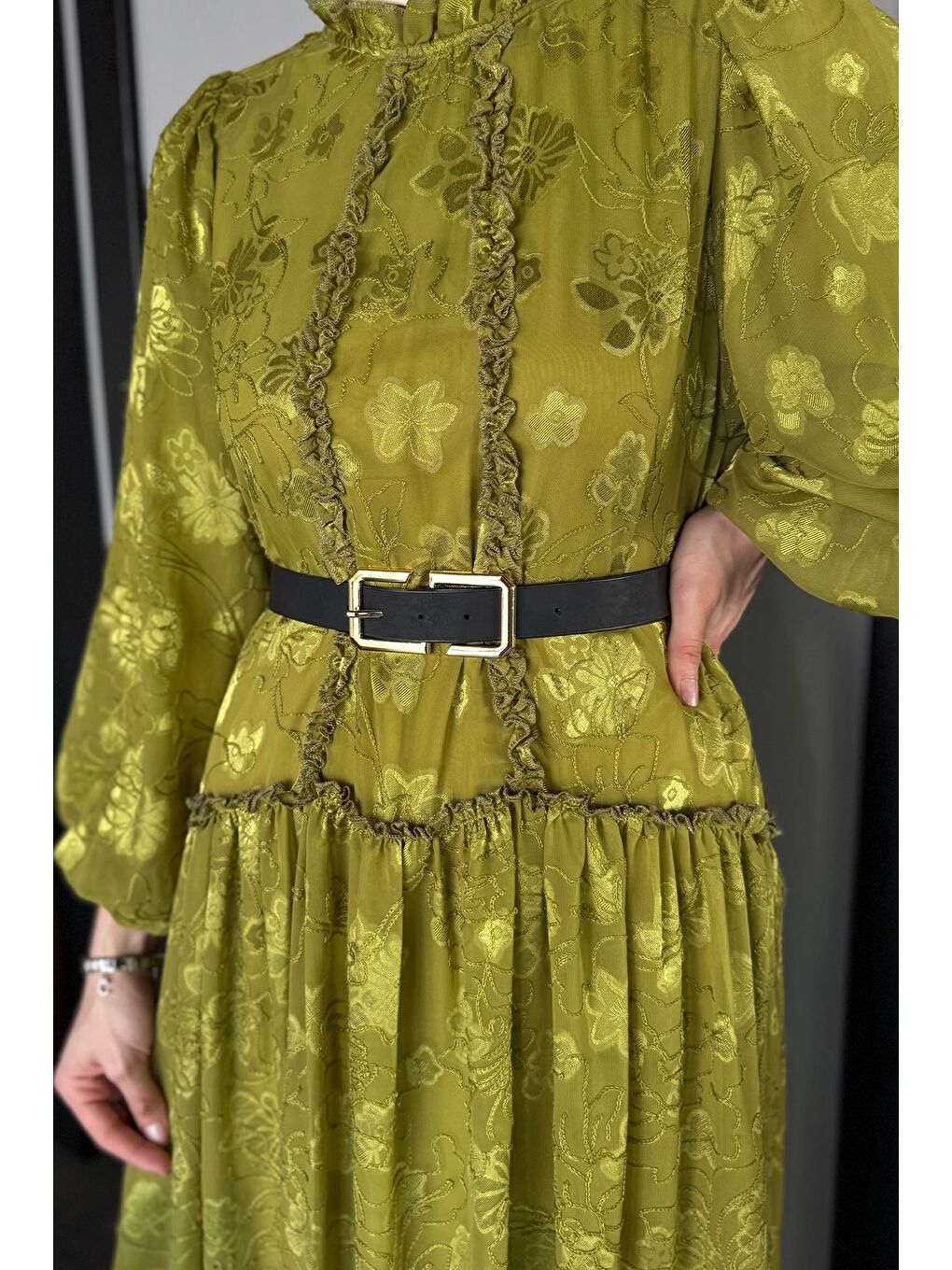 Yeşil İşlemeli Ve Astarlı Tesettür Şifon Elbise-2