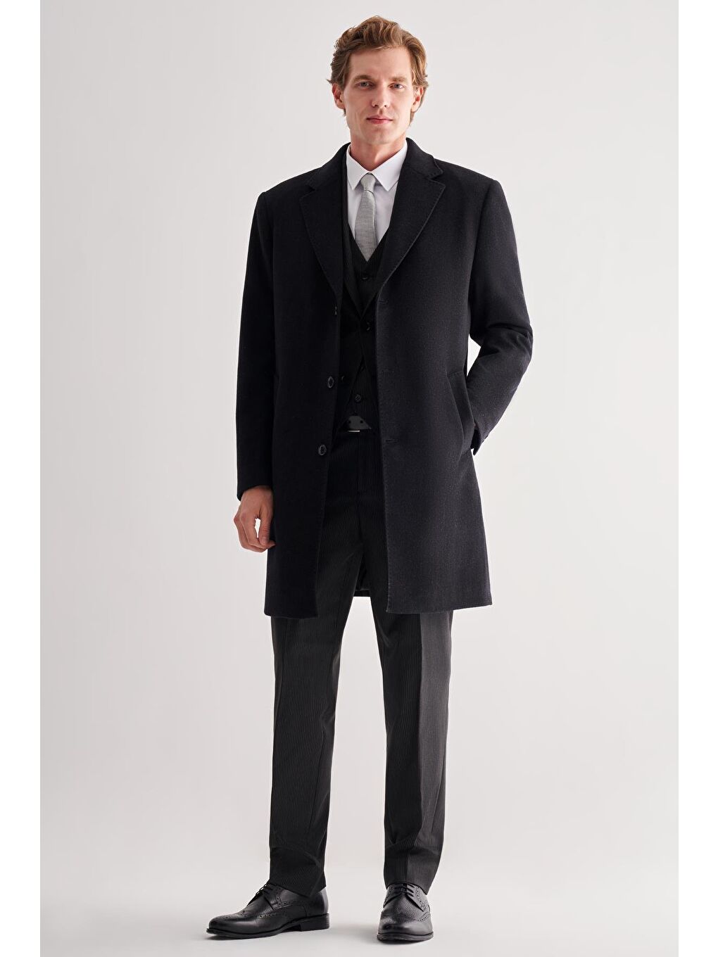 Siyah Mono Yaka Palto Tam Astar Classic Comfort Fit Yünlü Kaşe Palto 1005255151