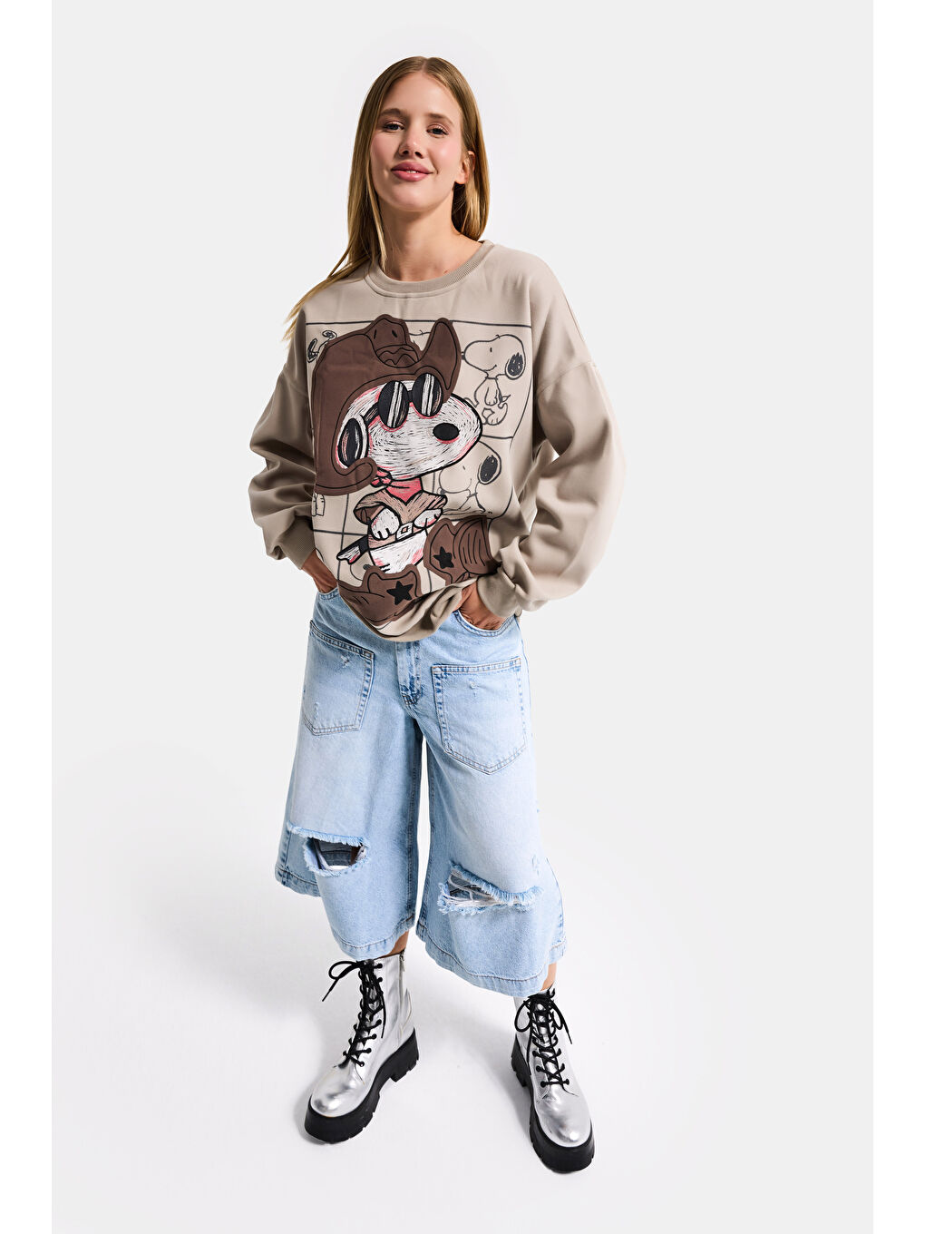 Kadın Ekru Bej w5 Oversize Baskılı %100 Pamuk Organik Kumaş Sweatshirt-2