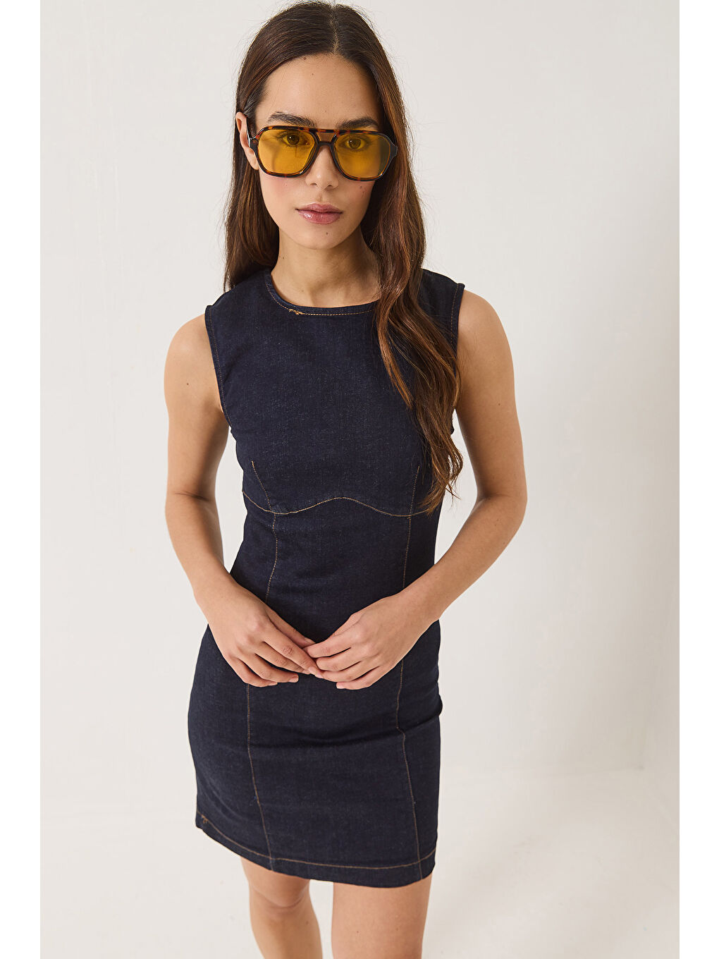 Lacivert Kadın Bisiklet Yaka Elastanlı Yazlık Denim Elbise-2