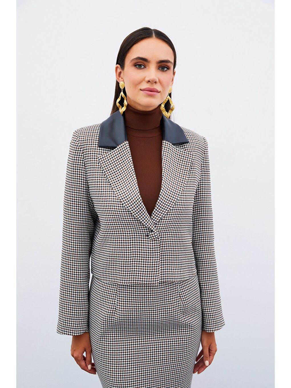 Kahverengi Kazayağı Crop Ceket - Kahve