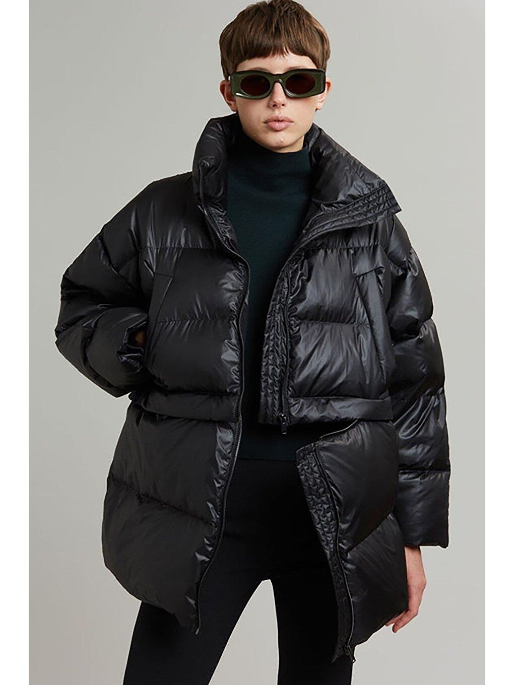 Siyah Oversize Çift Fermuarlı Kısaltılabilir Kadın Mont Mg2606