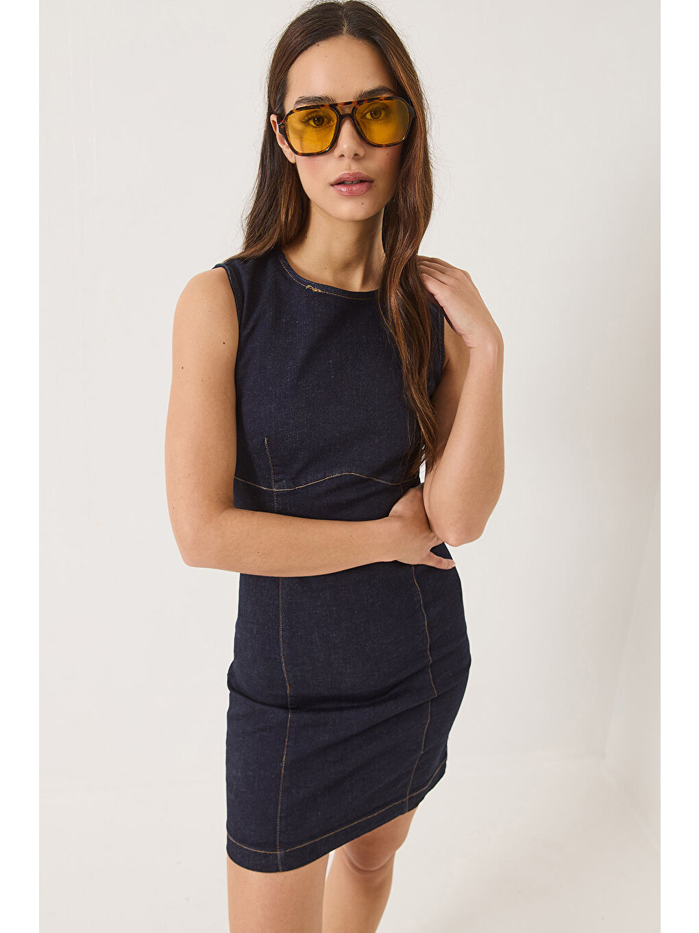 Lacivert Kadın Bisiklet Yaka Elastanlı Yazlık Denim Elbise-3