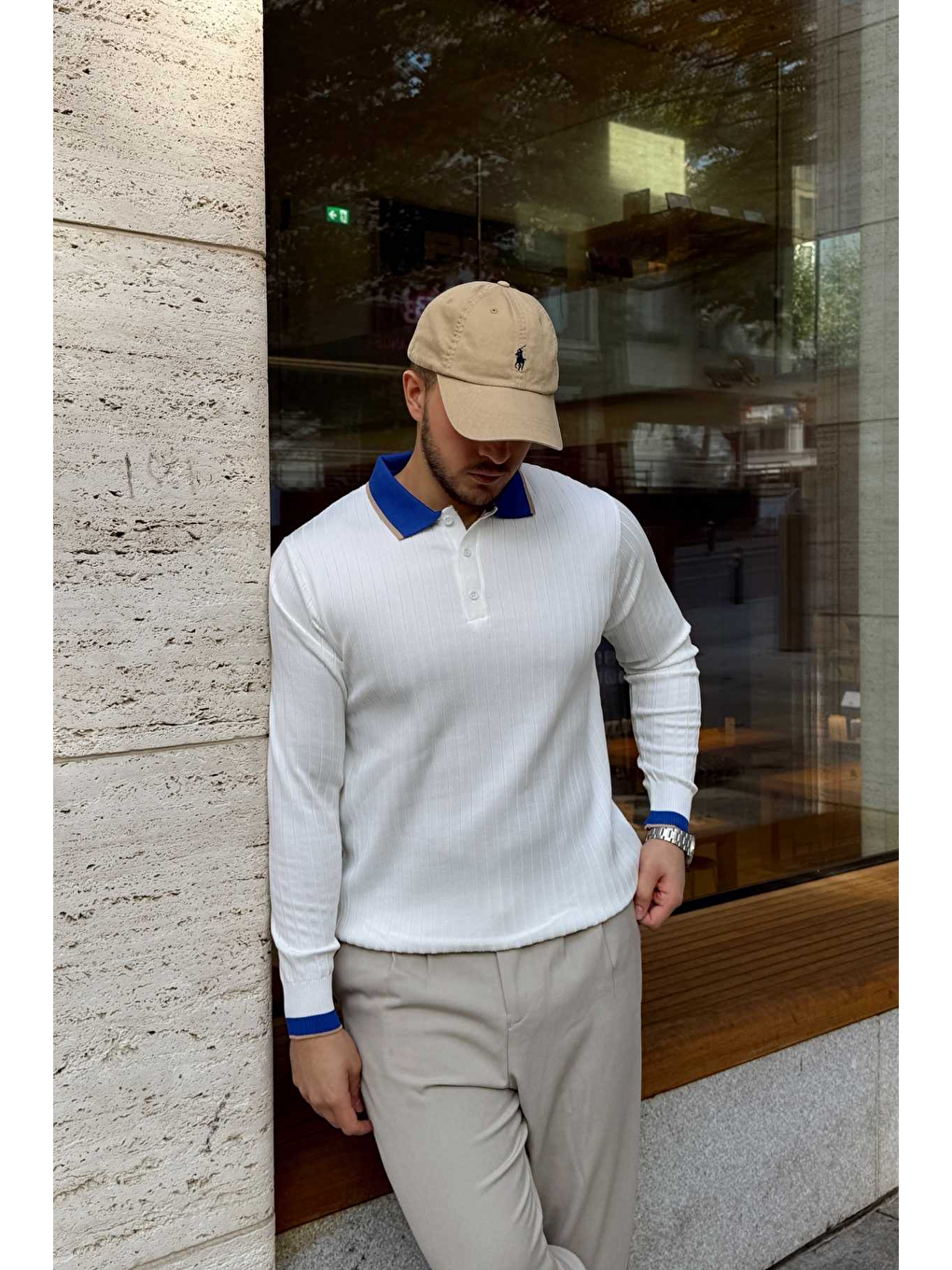 Beyaz Luzi Çizgi Desenli Polo Yaka Premium Erkek Triko Kazak-5