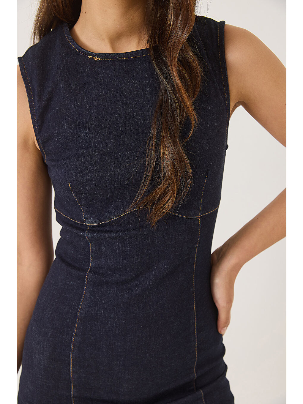 Lacivert Kadın Bisiklet Yaka Elastanlı Yazlık Denim Elbise-4