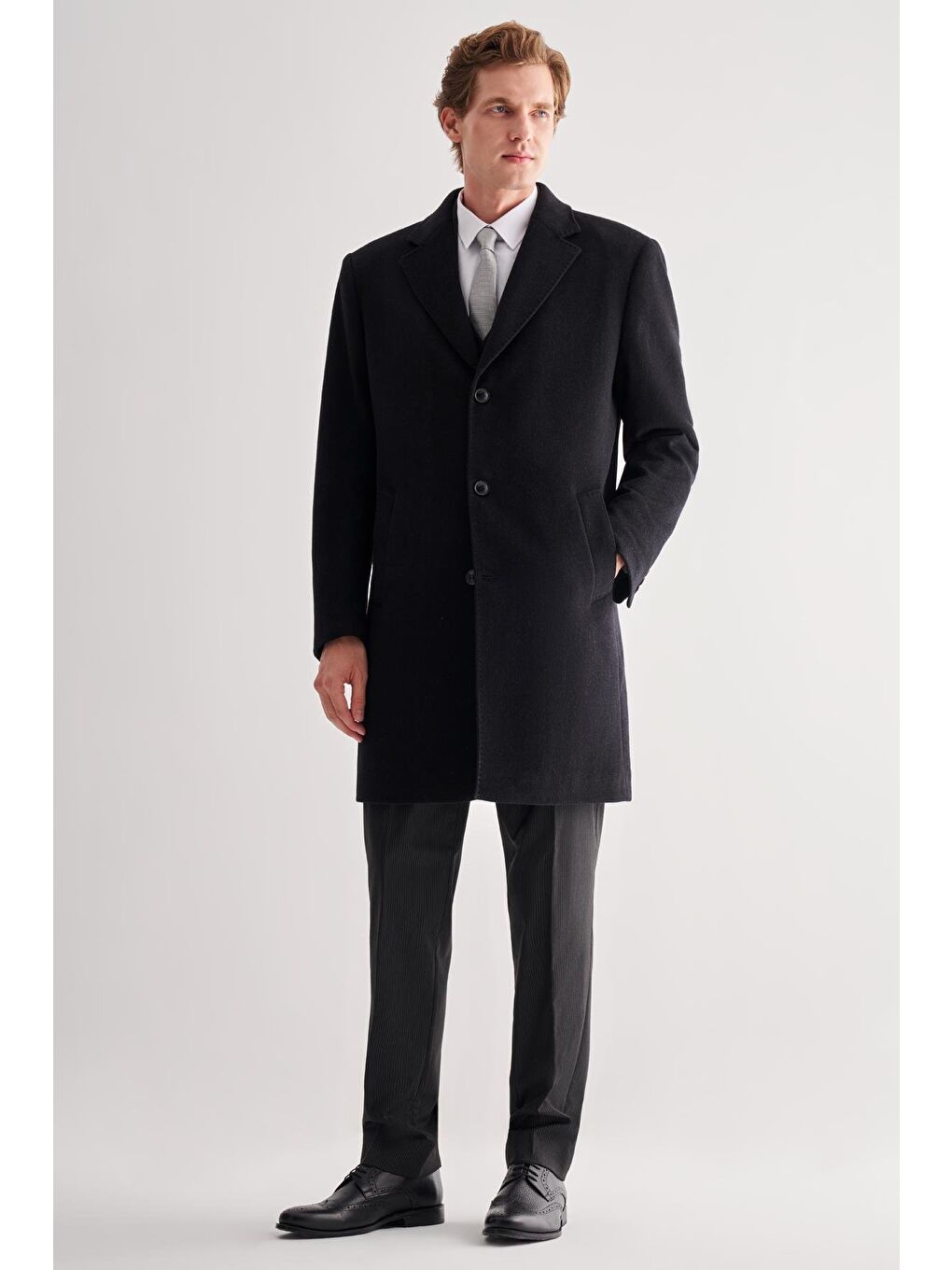 Siyah Mono Yaka Palto Tam Astar Classic Comfort Fit Yünlü Kaşe Palto 1005255151-2