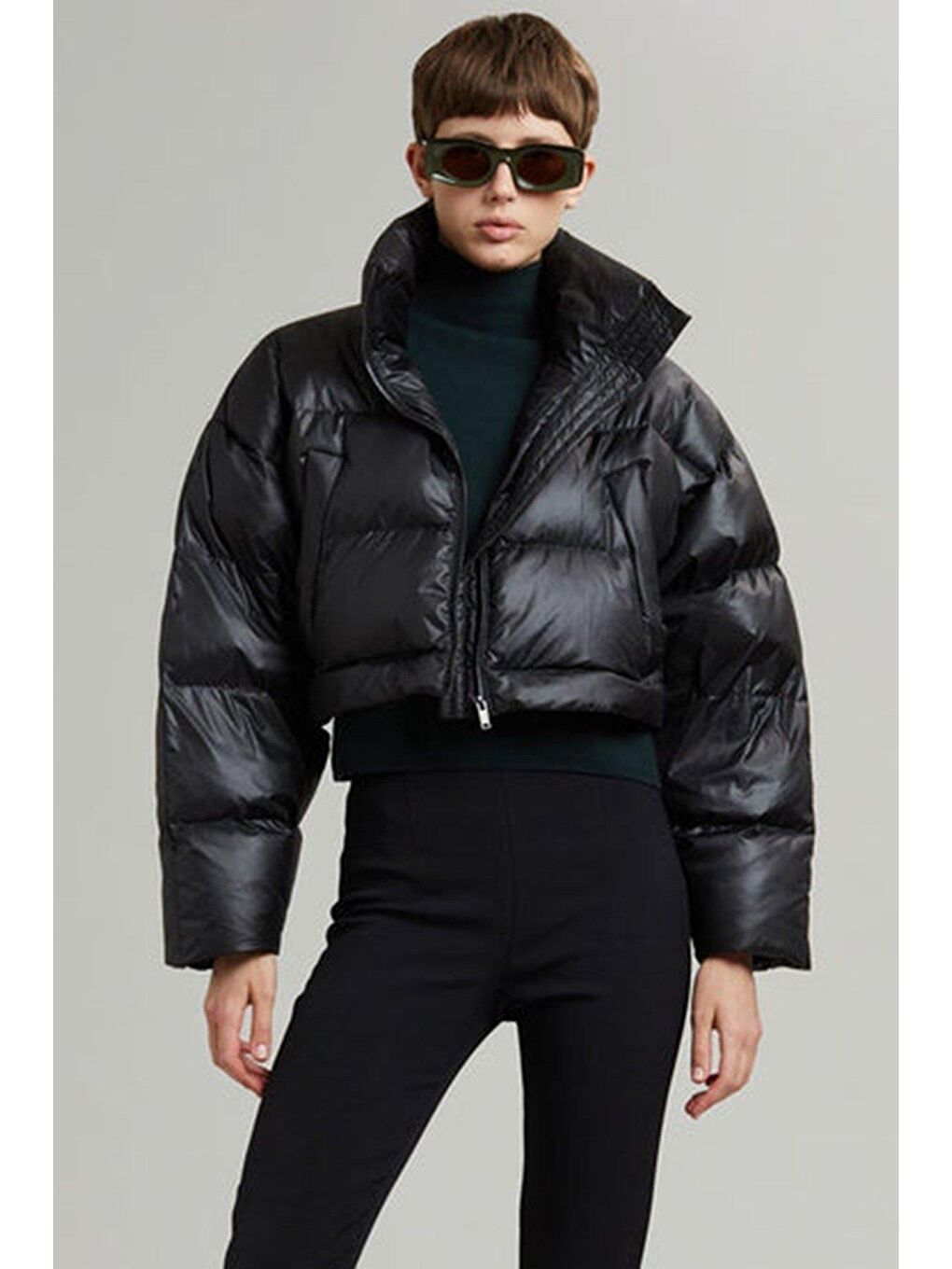 Siyah Oversize Çift Fermuarlı Kısaltılabilir Kadın Mont Mg2606-1