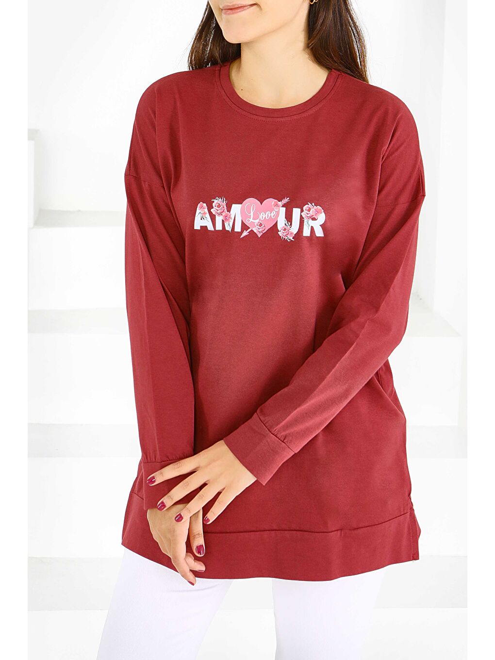 Uzun Kollu Baskılı Süprem Tunik Bordo - 27584-2