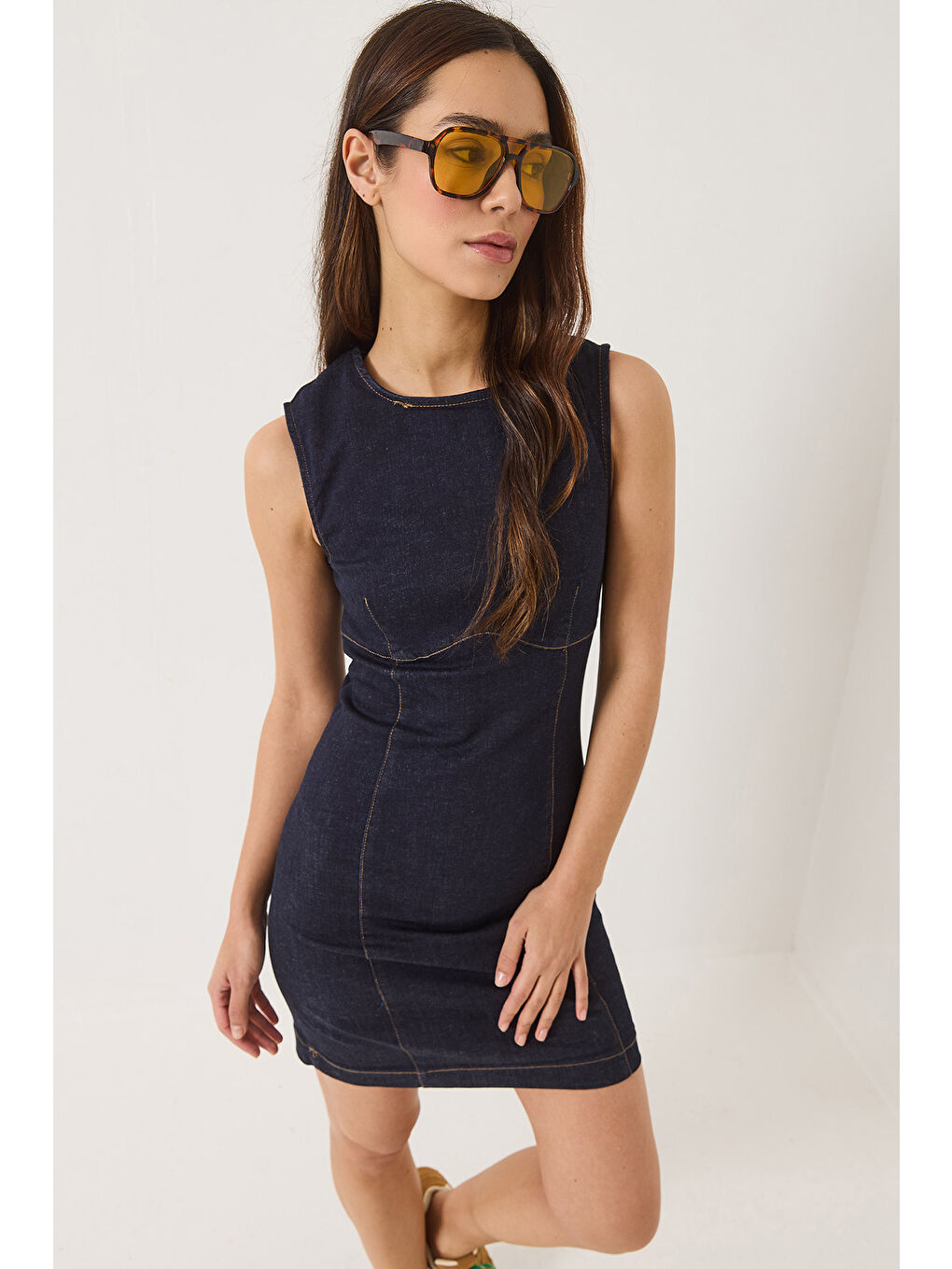 Lacivert Kadın Bisiklet Yaka Elastanlı Yazlık Denim Elbise-5