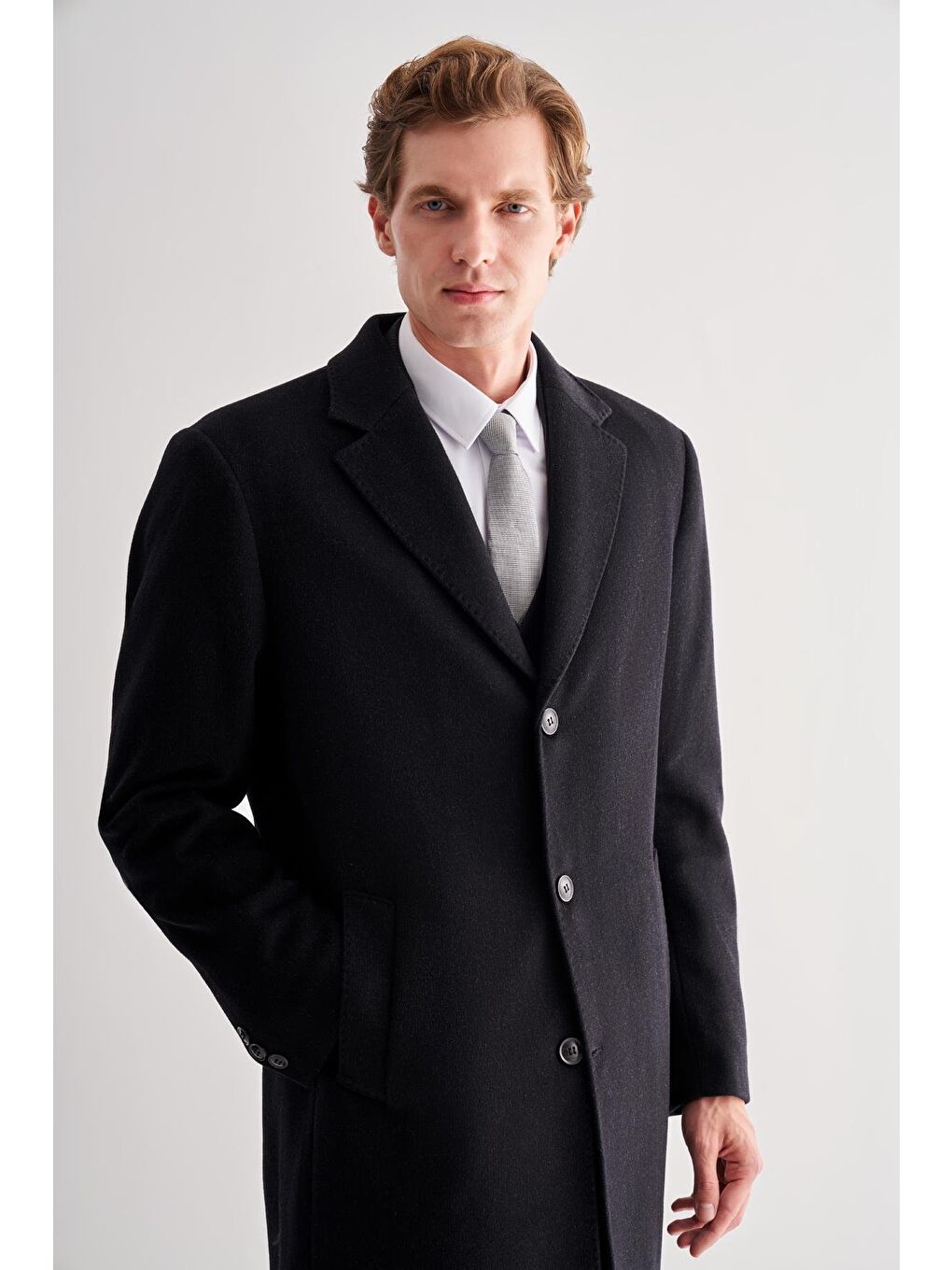 Siyah Mono Yaka Palto Tam Astar Classic Comfort Fit Yünlü Kaşe Palto 1005255151-3