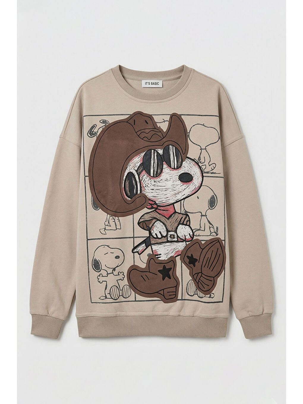 Kadın Ekru Bej w5 Oversize Baskılı %100 Pamuk Organik Kumaş Sweatshirt-3