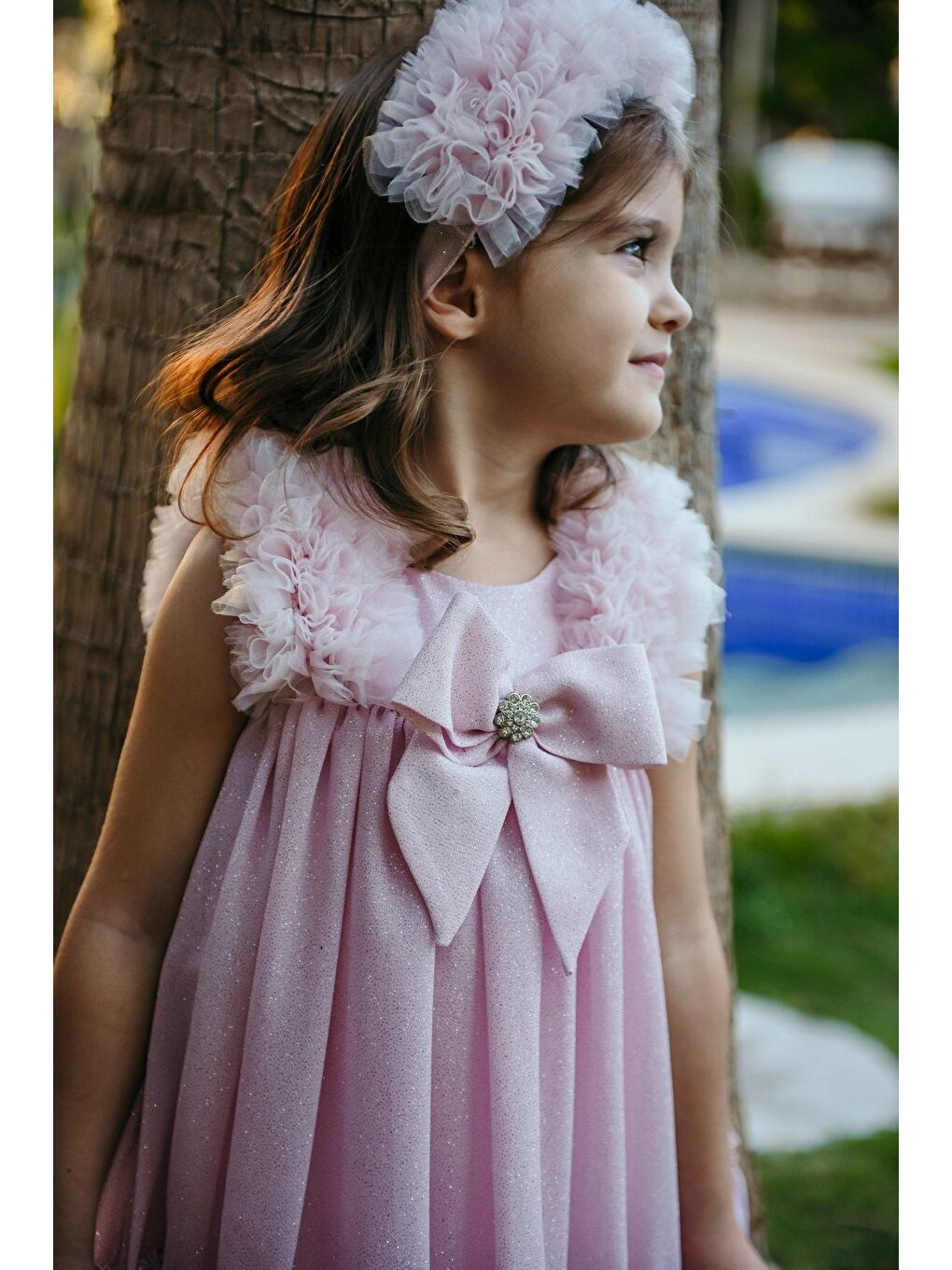 Pembe Taç Aksesuarlı Omuz Fırfır Detaylı Fiyonklu Kız Çocuk Abiye-1
