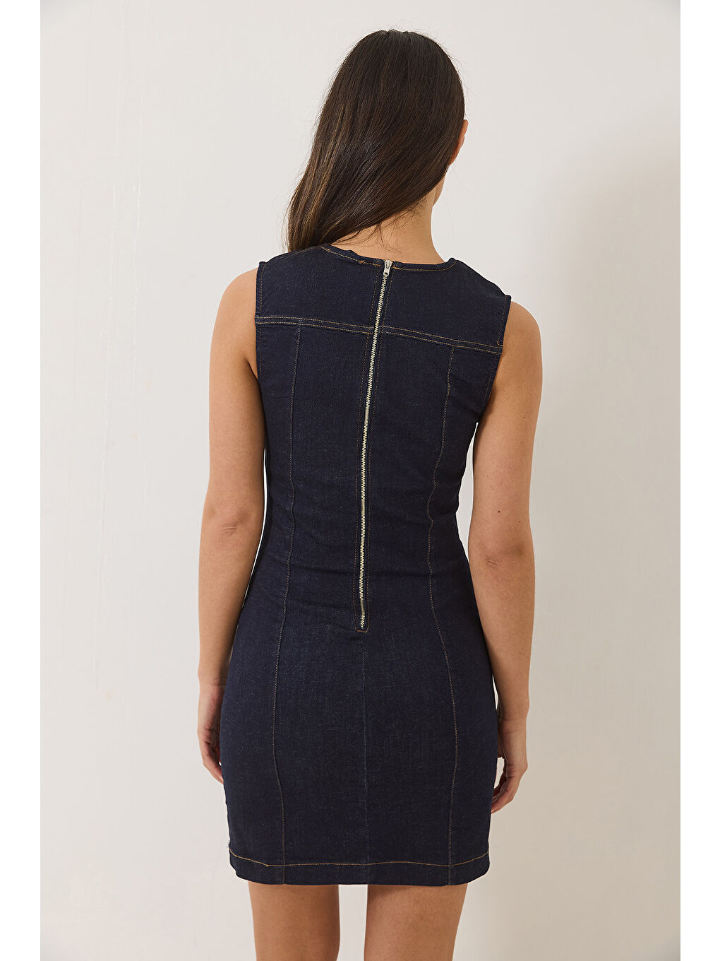 Lacivert Kadın Bisiklet Yaka Elastanlı Yazlık Denim Elbise-6