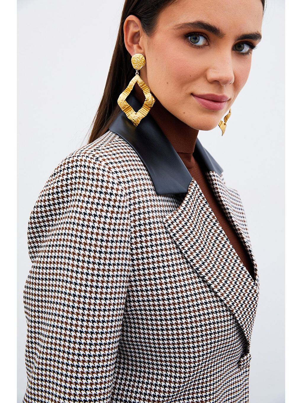 Kahverengi Kazayağı Crop Ceket - Kahve-2