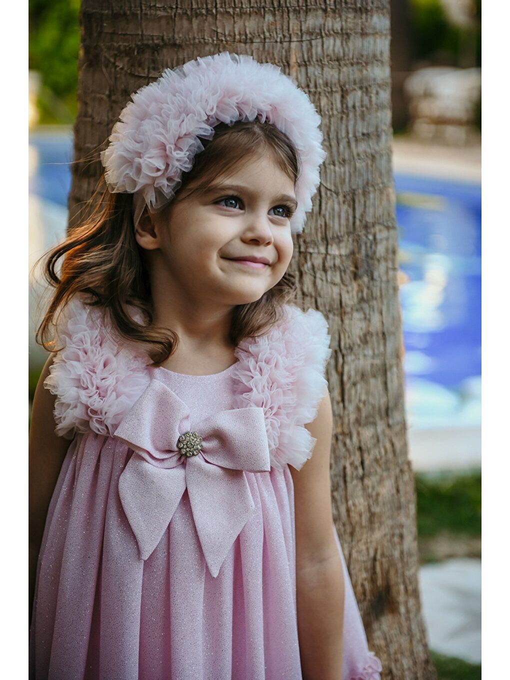 Pembe Taç Aksesuarlı Omuz Fırfır Detaylı Fiyonklu Kız Çocuk Abiye-2