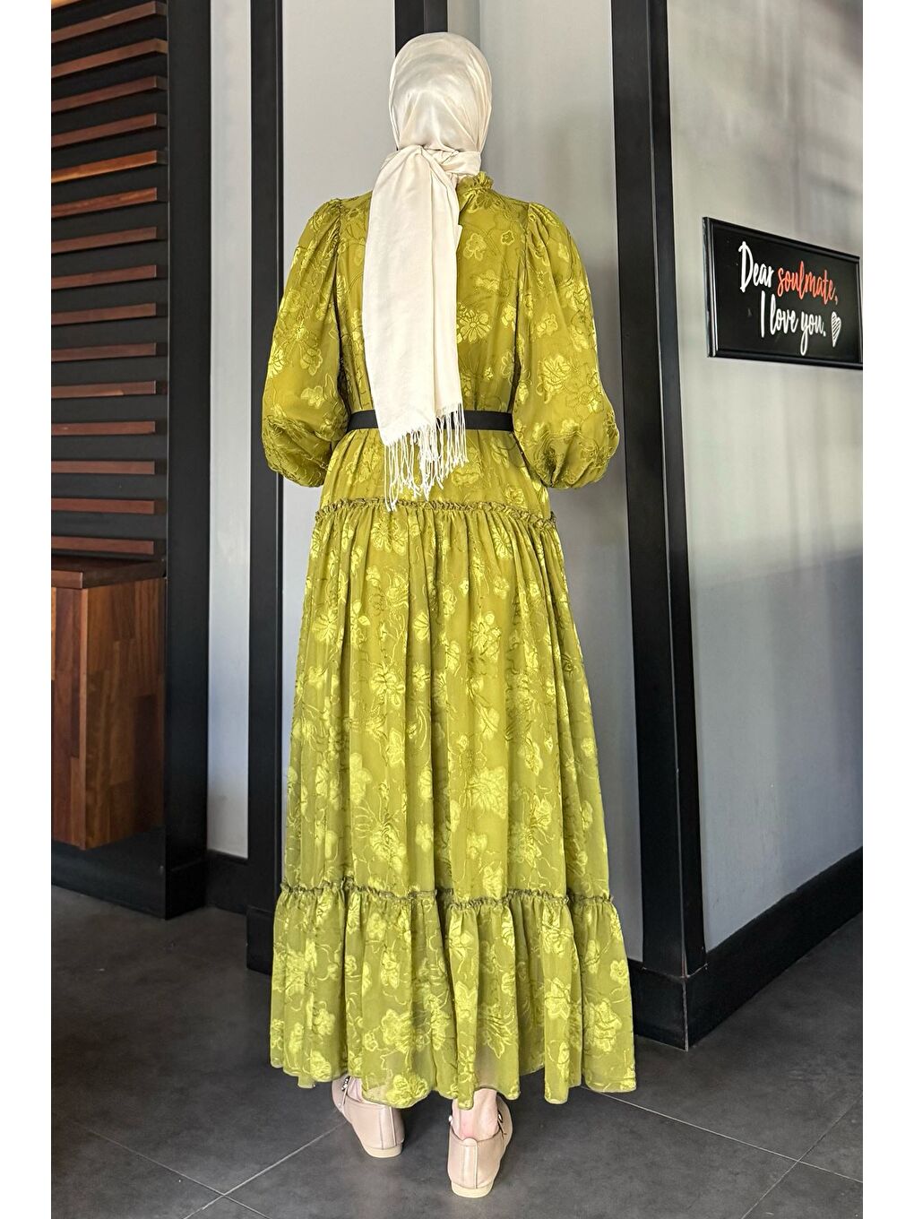 Yeşil İşlemeli Ve Astarlı Tesettür Şifon Elbise-3