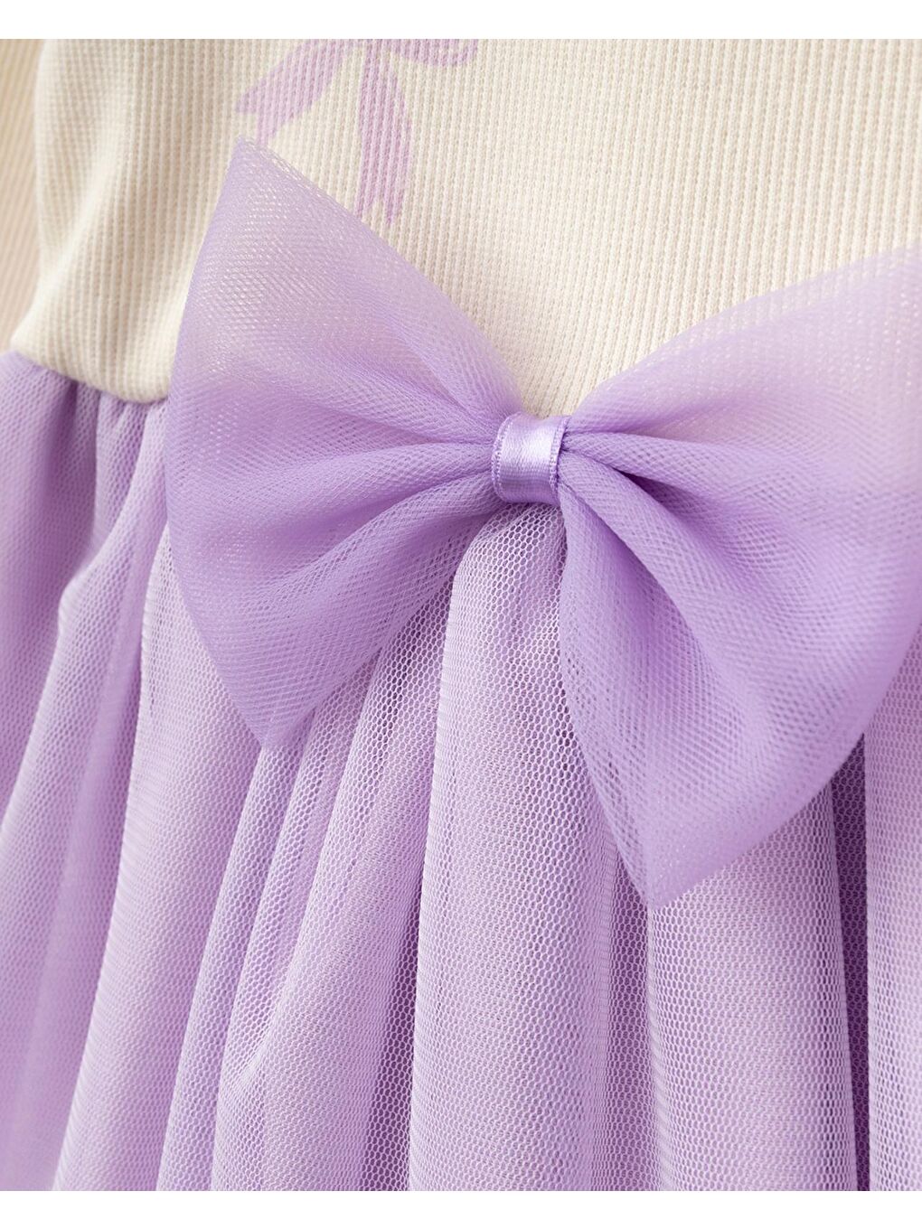 Kız Bebek Pamuklu Lila Tüllü Fiyonklu Elbise - Uzun Kollu Ribana-3