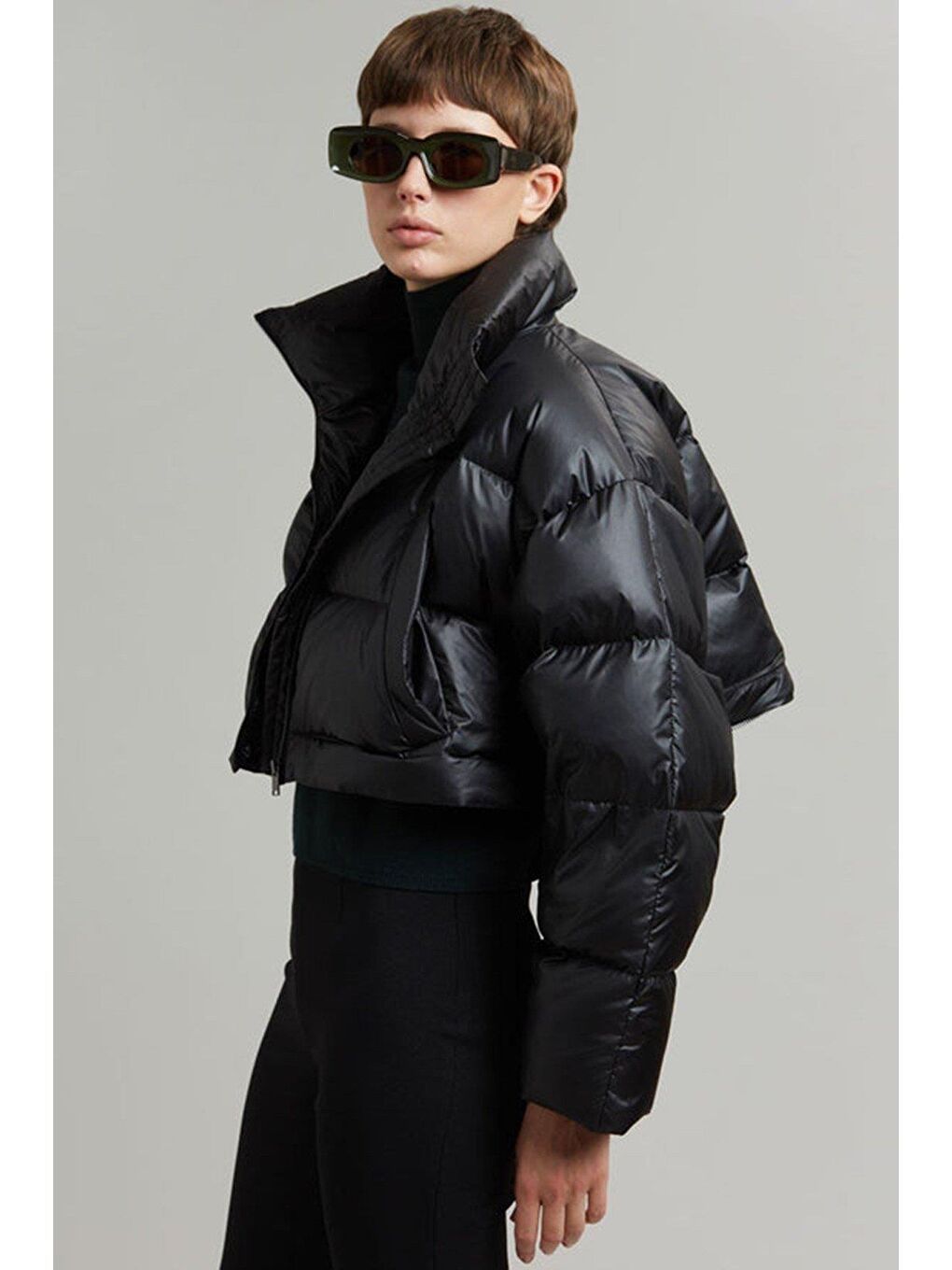 Siyah Oversize Çift Fermuarlı Kısaltılabilir Kadın Mont Mg2606-3