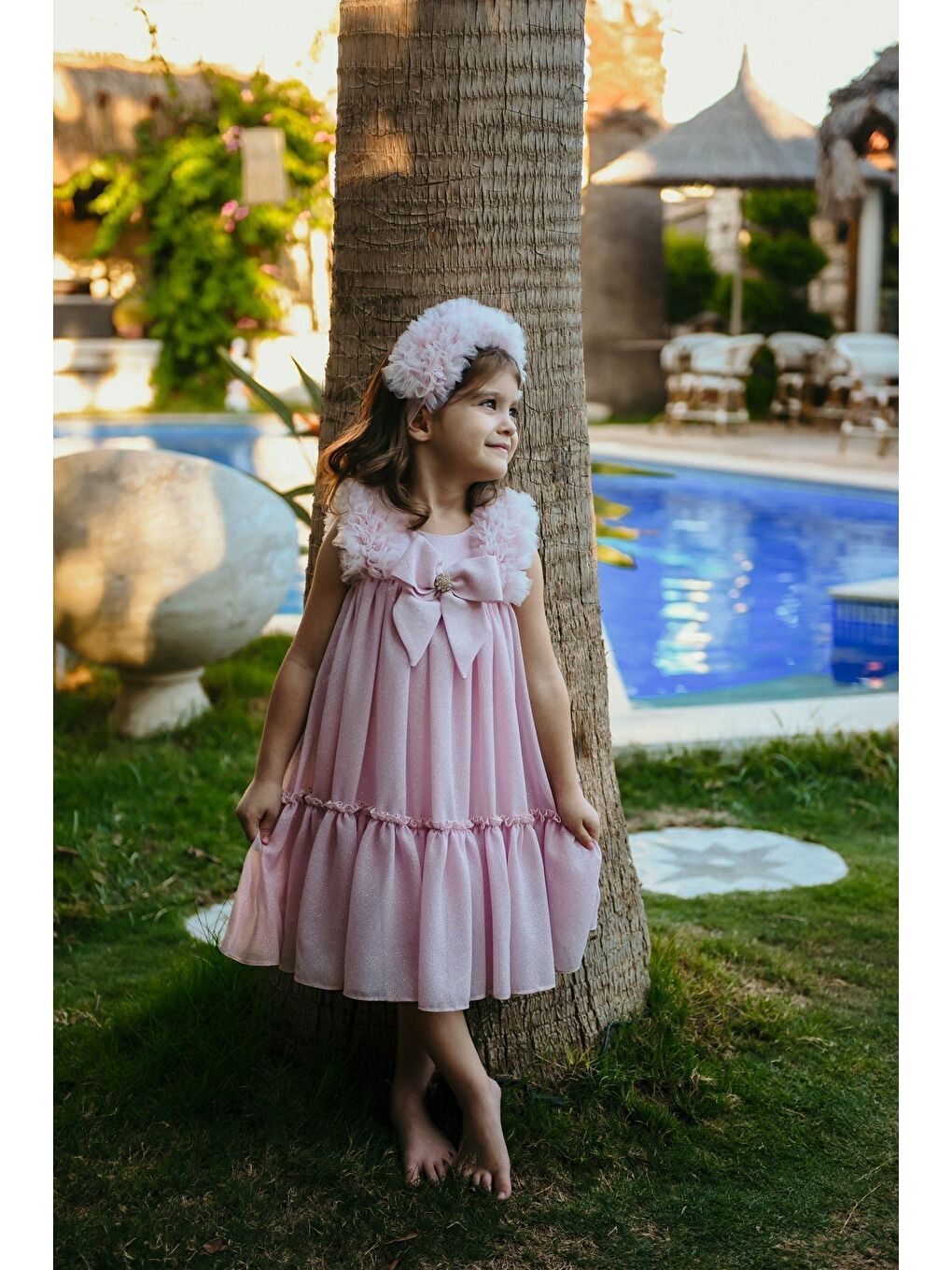 Pembe Taç Aksesuarlı Omuz Fırfır Detaylı Fiyonklu Kız Çocuk Abiye-3
