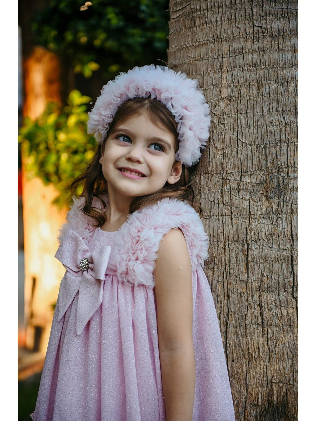 Pembe Taç Aksesuarlı Omuz Fırfır Detaylı Fiyonklu Kız Çocuk Abiye-4