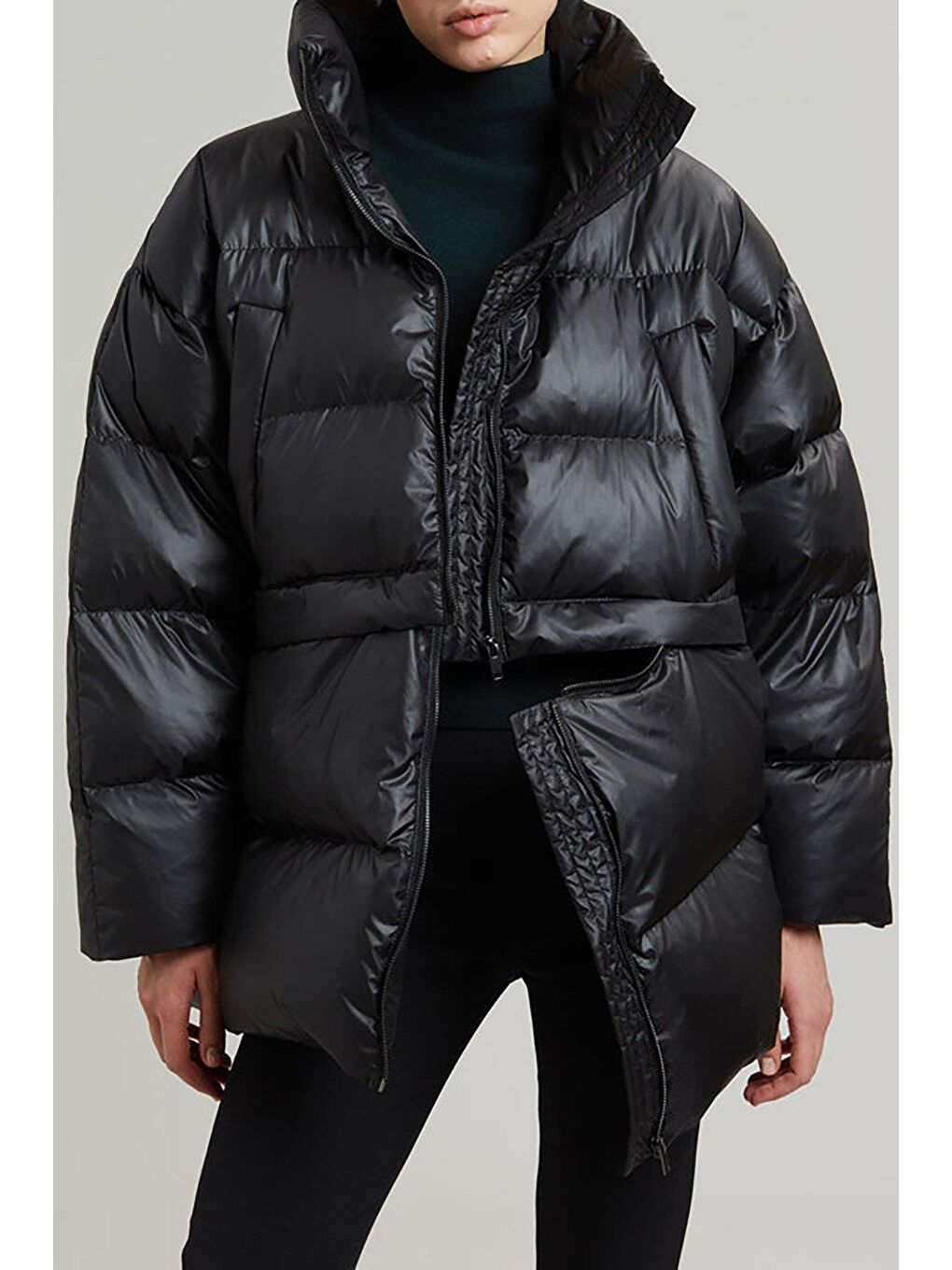 Siyah Oversize Çift Fermuarlı Kısaltılabilir Kadın Mont Mg2606-4