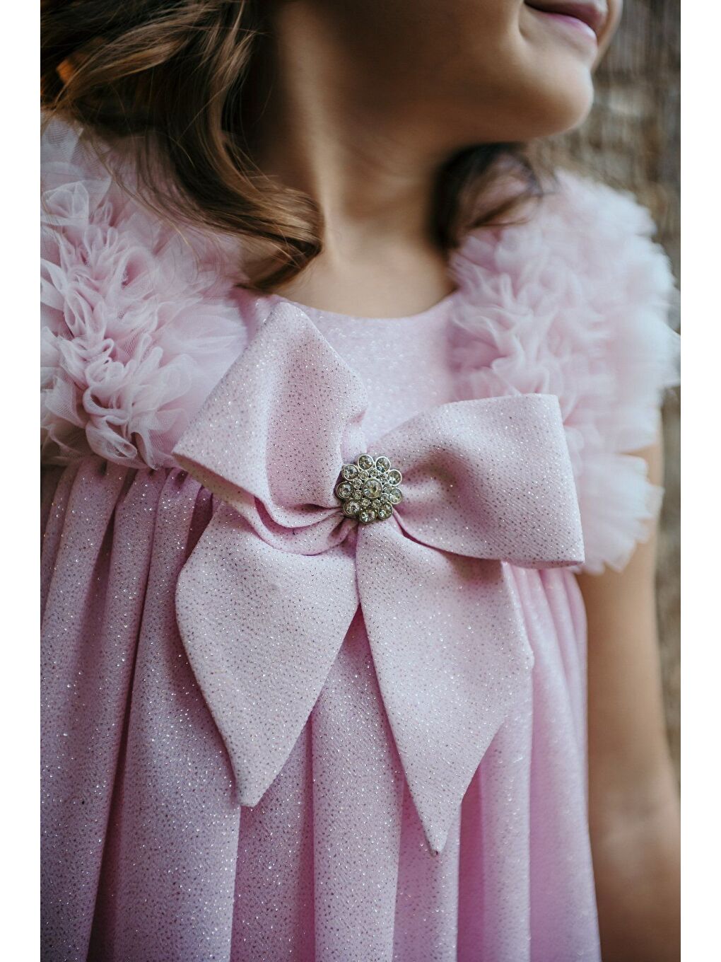 Pembe Taç Aksesuarlı Omuz Fırfır Detaylı Fiyonklu Kız Çocuk Abiye-5