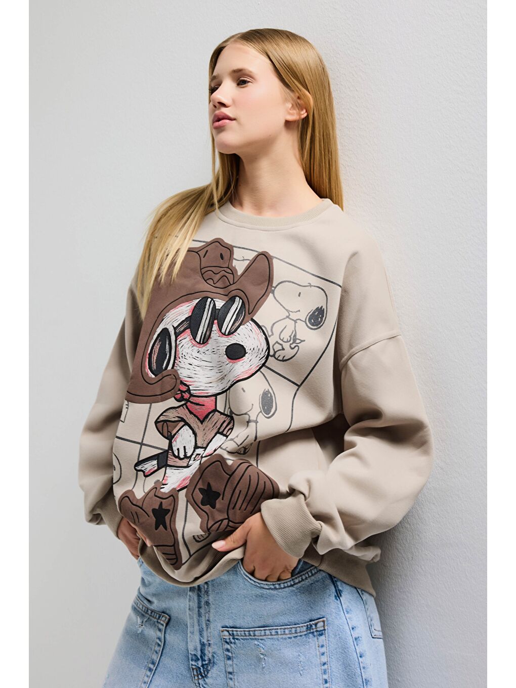 Kadın Ekru Bej w5 Oversize Baskılı %100 Pamuk Organik Kumaş Sweatshirt-4