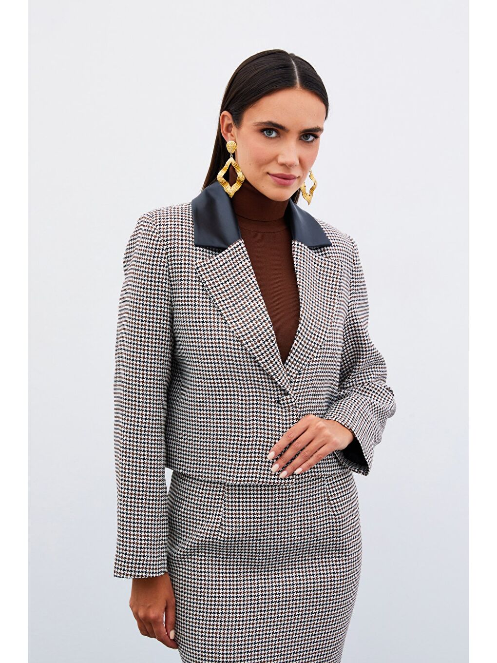 Kahverengi Kazayağı Crop Ceket - Kahve-4