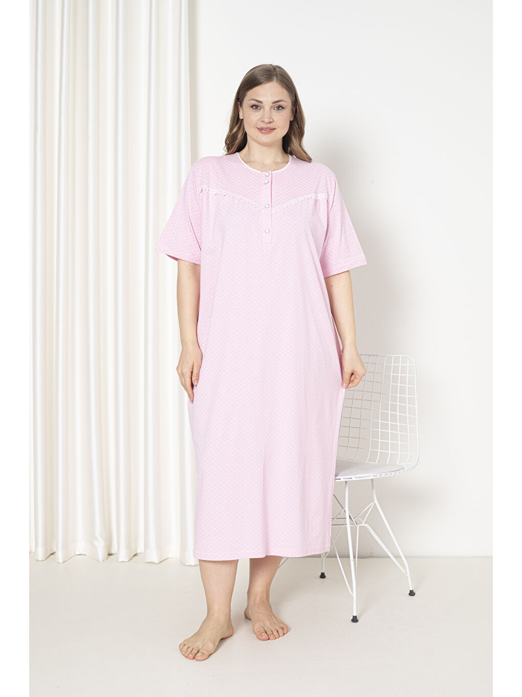 Pembe %100 Pamuklu Penye Kısa Kol Büyük Beden Anne Geceliği 051
