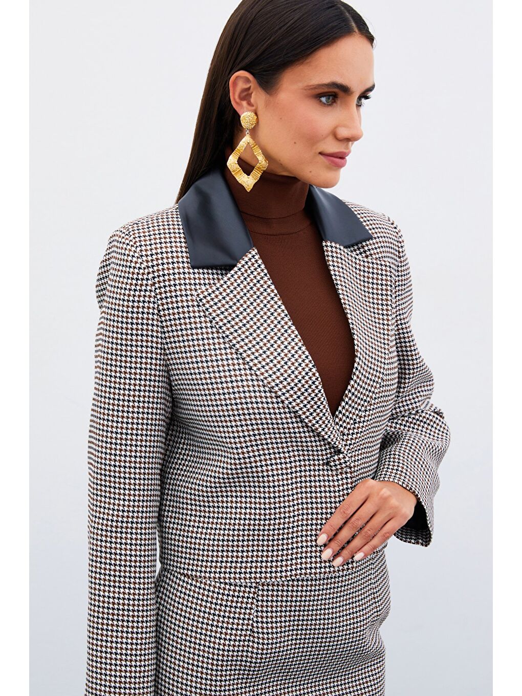 Kahverengi Kazayağı Crop Ceket - Kahve-5