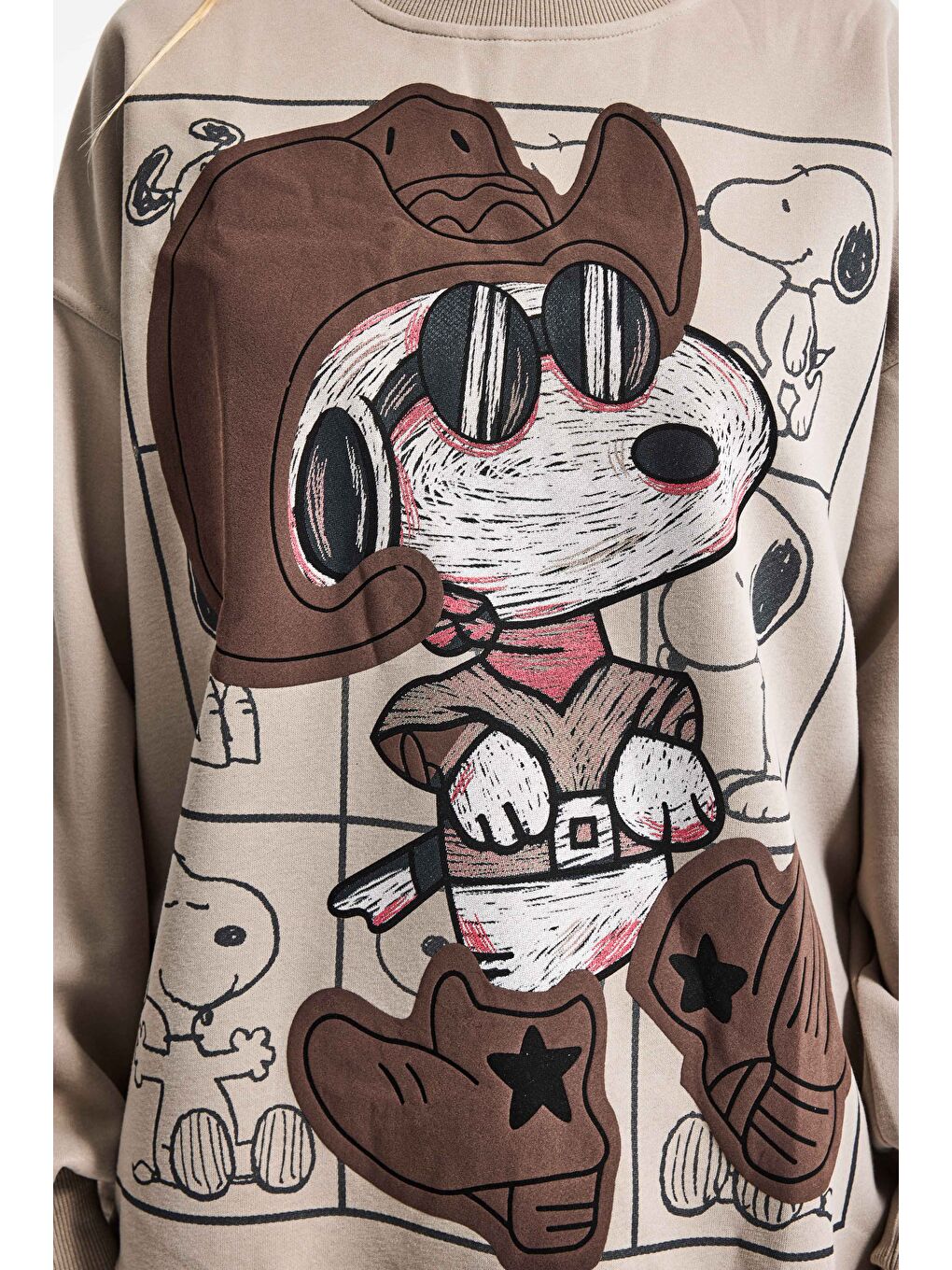 Kadın Ekru Bej w5 Oversize Baskılı %100 Pamuk Organik Kumaş Sweatshirt-5