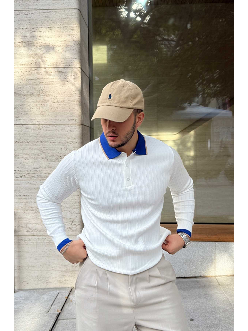 Beyaz Luzi Çizgi Desenli Polo Yaka Premium Erkek Triko Kazak-6