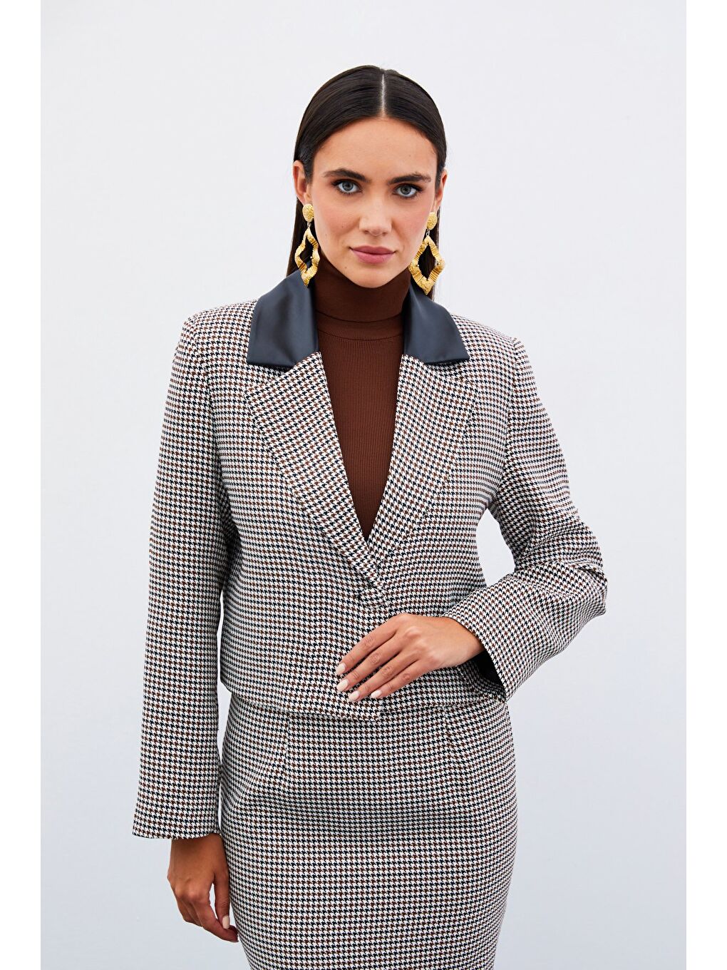 Kahverengi Kazayağı Crop Ceket - Kahve-6