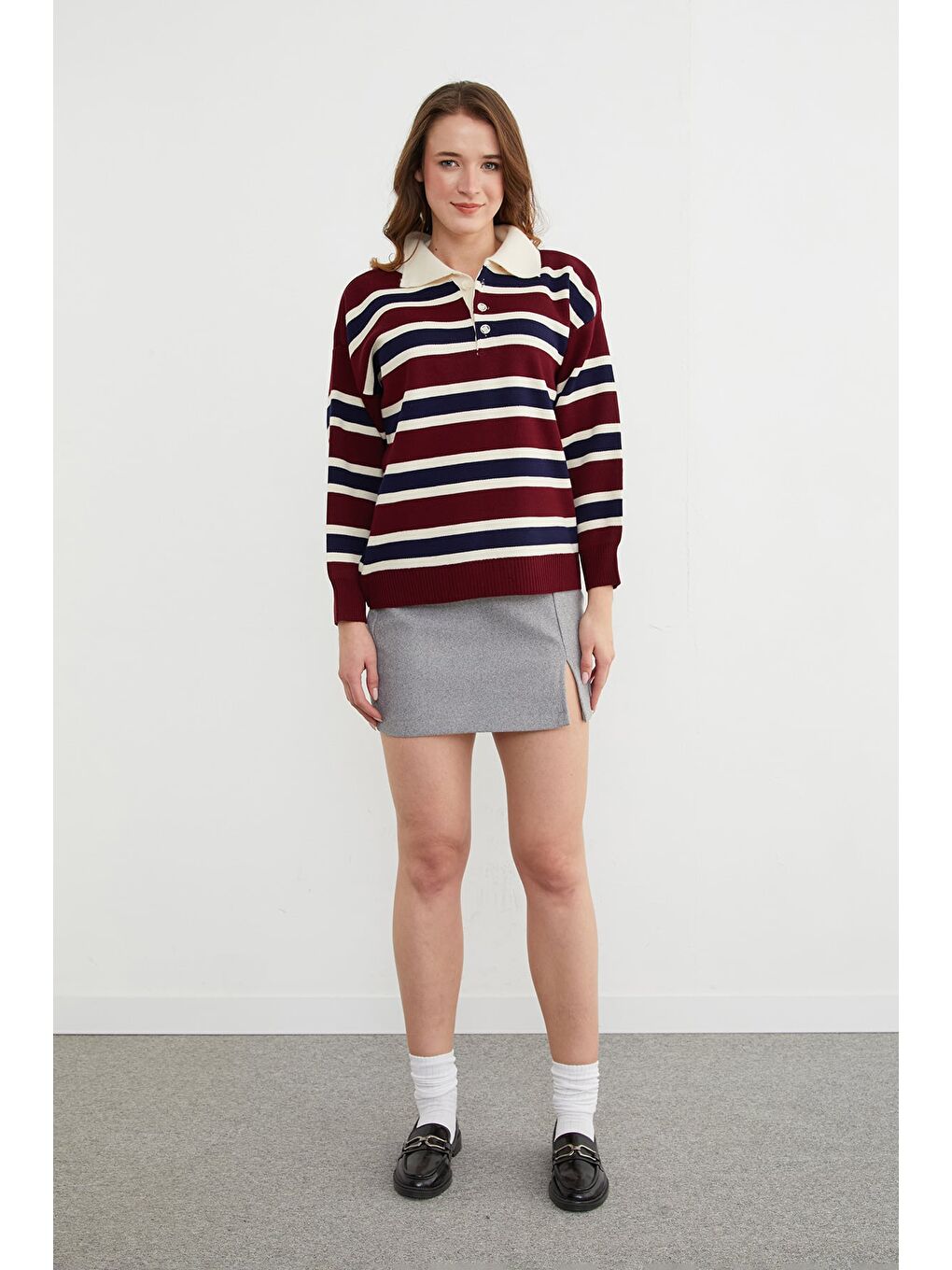 Bordo Şeritli Yarım Düğmeli Polo Yaka Triko Kazak-2