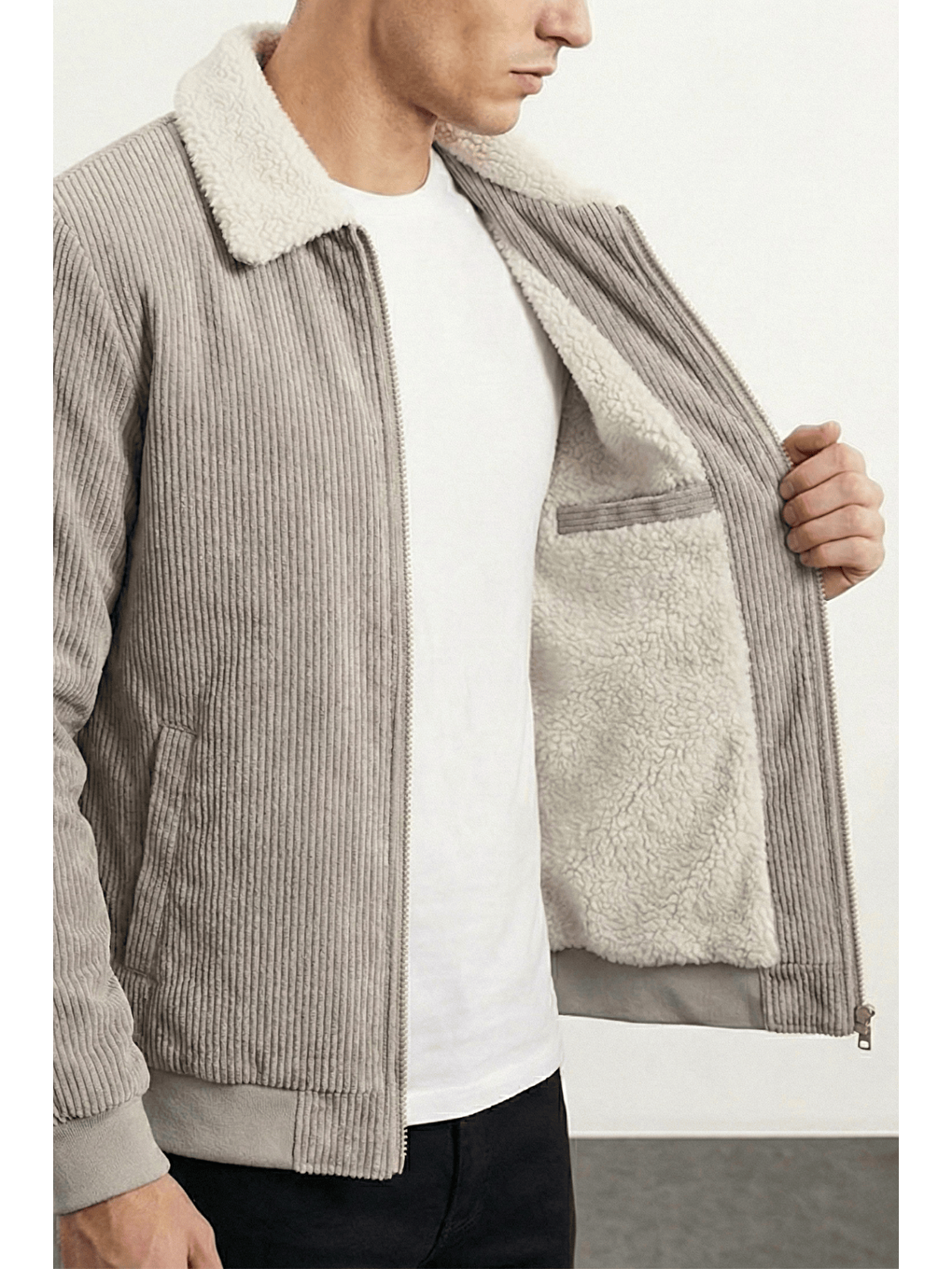 Gri Erkek Kadife Mont Pelüş Astarlı Gömlek Yaka Rüzgar Geçirmez Kadife Mont-1