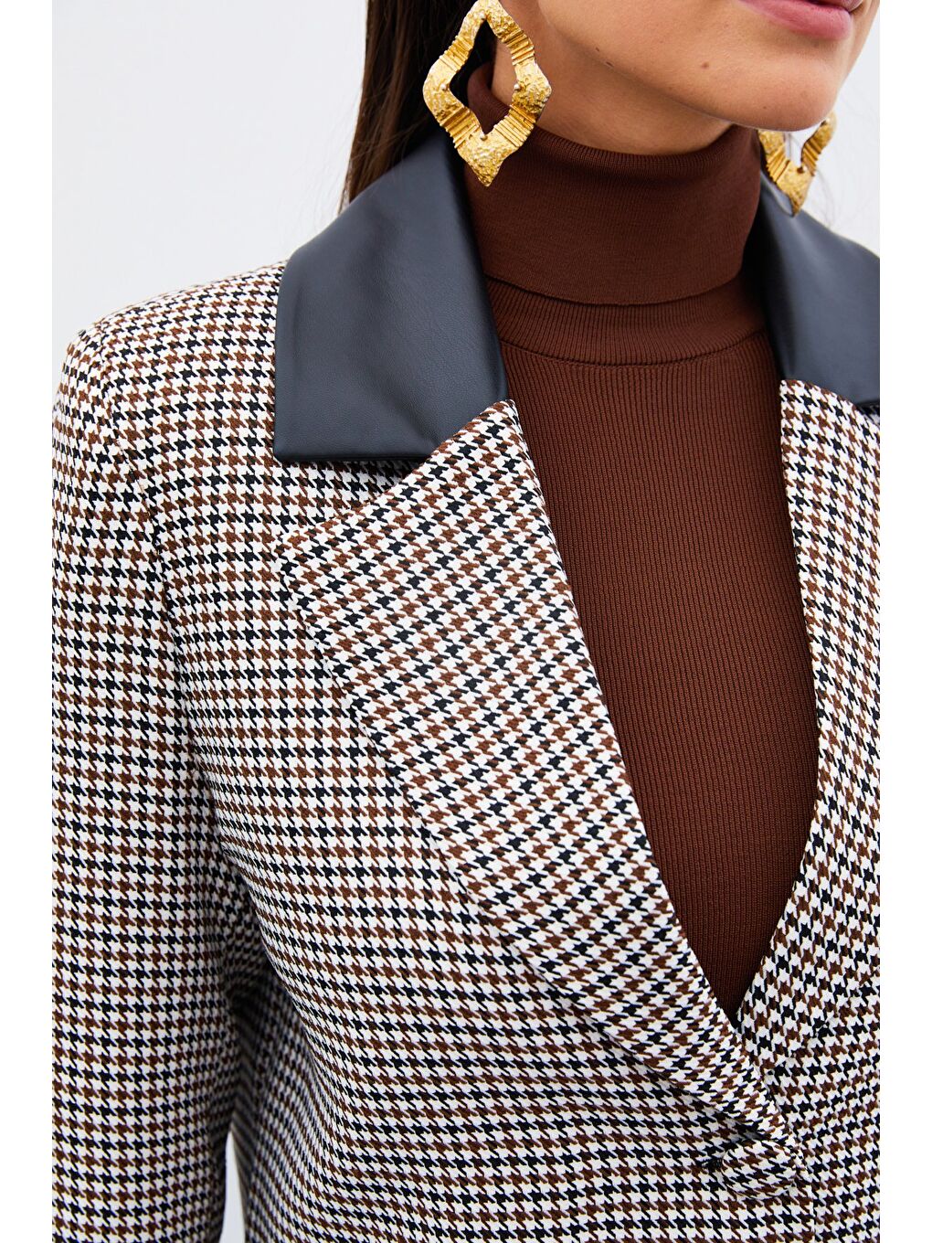 Kahverengi Kazayağı Crop Ceket - Kahve-7