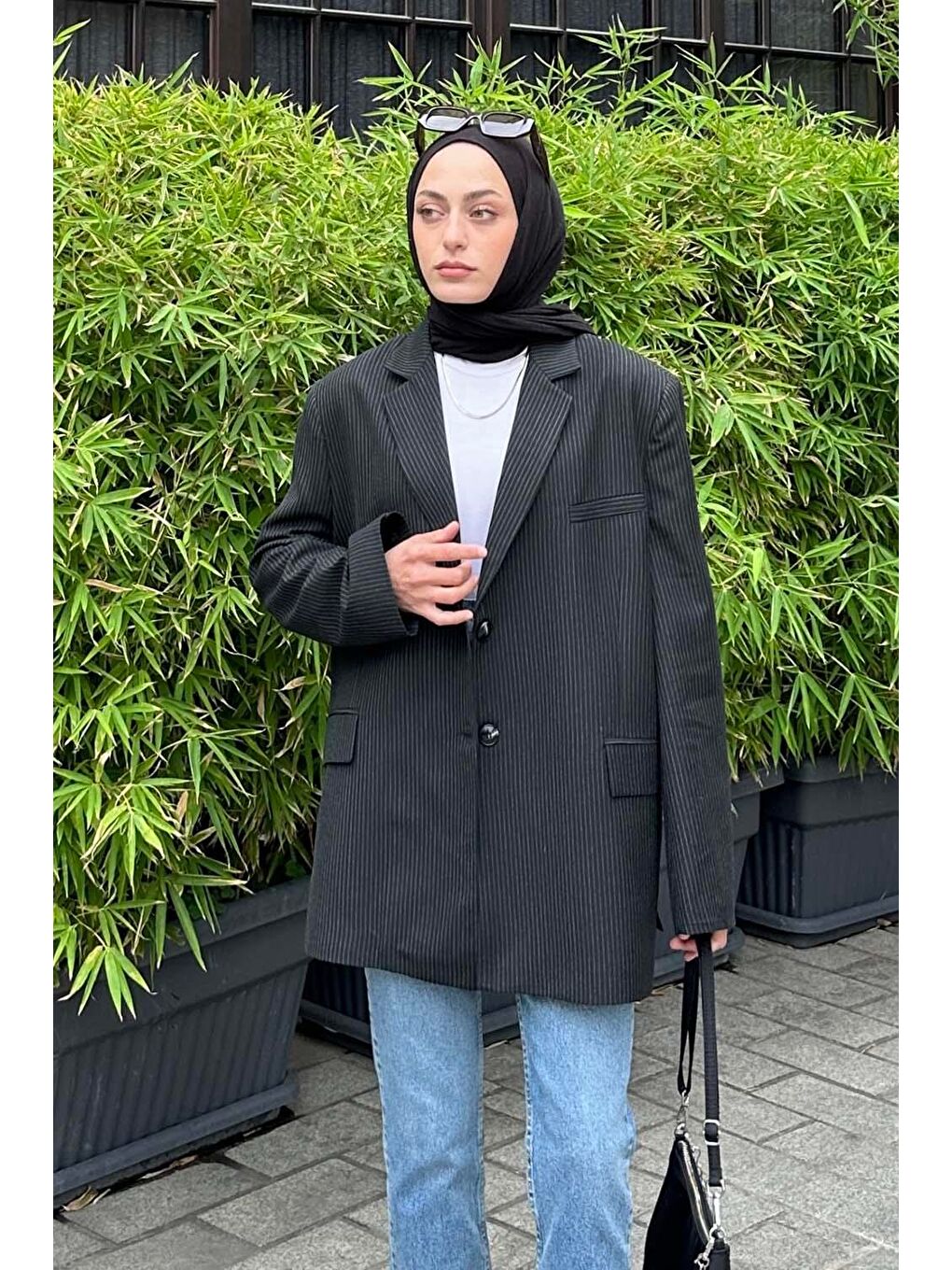 Çizgili Blazer Ceket Siyah-1