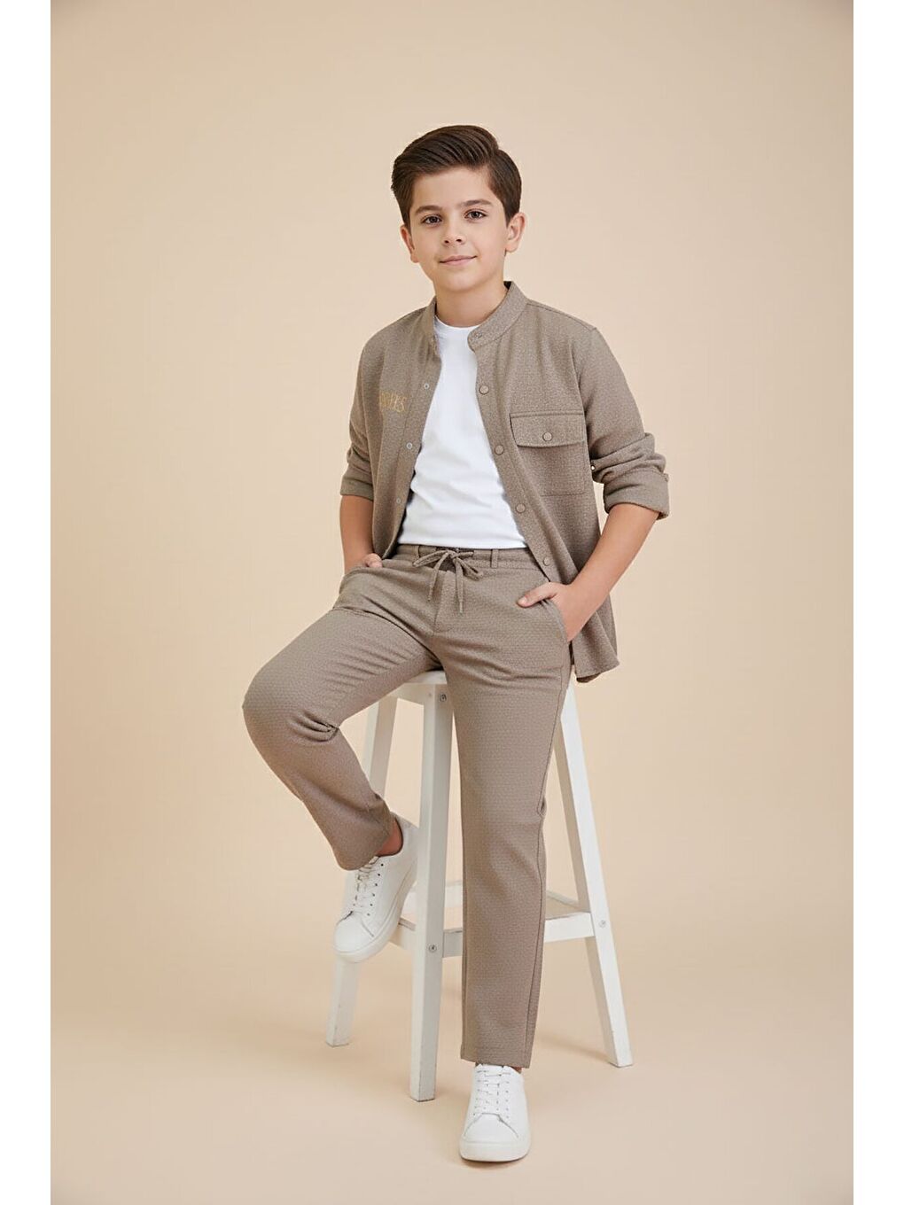 Kahverengi Keten Gömlekli Pantolonlu Erkek Çocuk 3lü Alt Üst Takım 23574-3