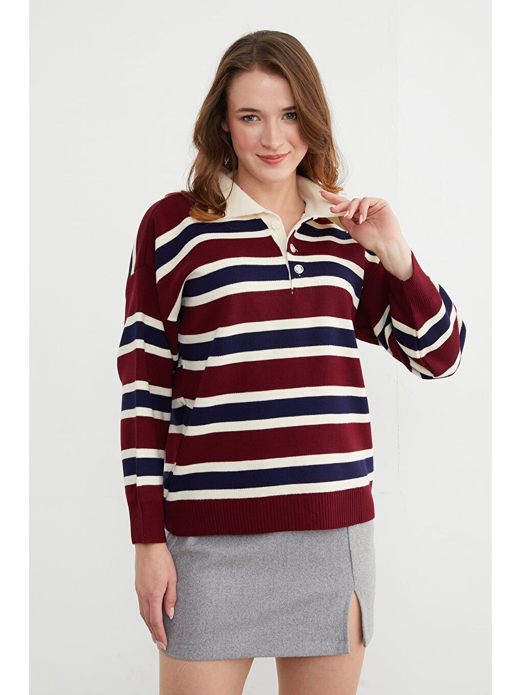Bordo Şeritli Yarım Düğmeli Polo Yaka Triko Kazak-3