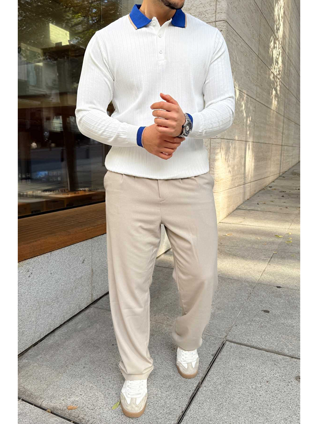 Beyaz Luzi Çizgi Desenli Polo Yaka Premium Erkek Triko Kazak-7