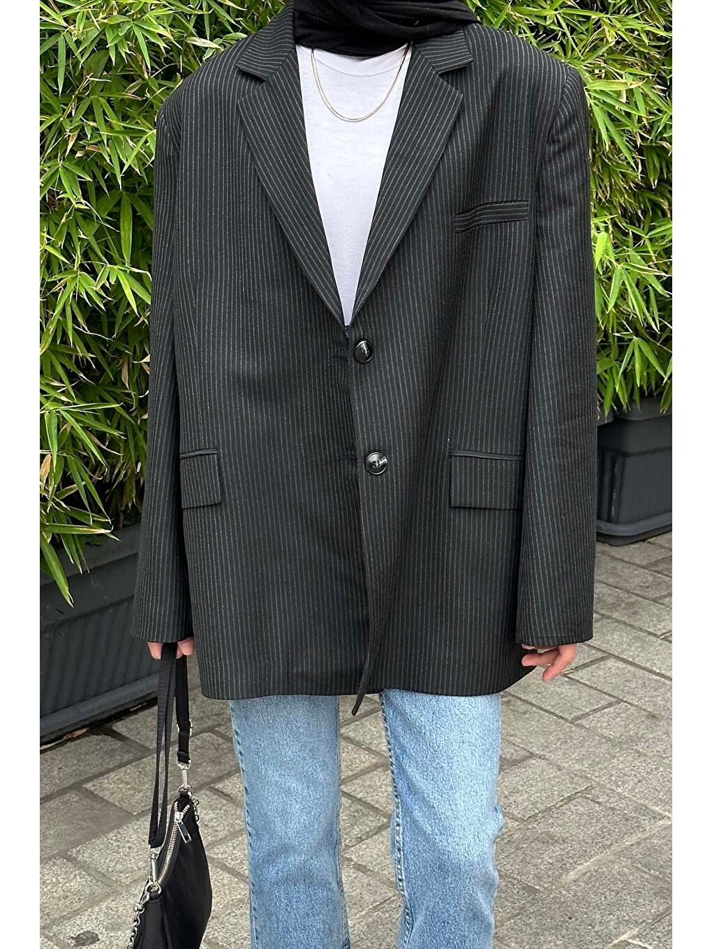 Çizgili Blazer Ceket Siyah-2