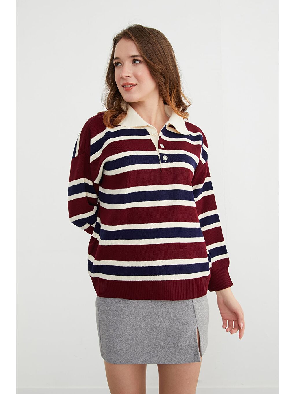 Bordo Şeritli Yarım Düğmeli Polo Yaka Triko Kazak-4