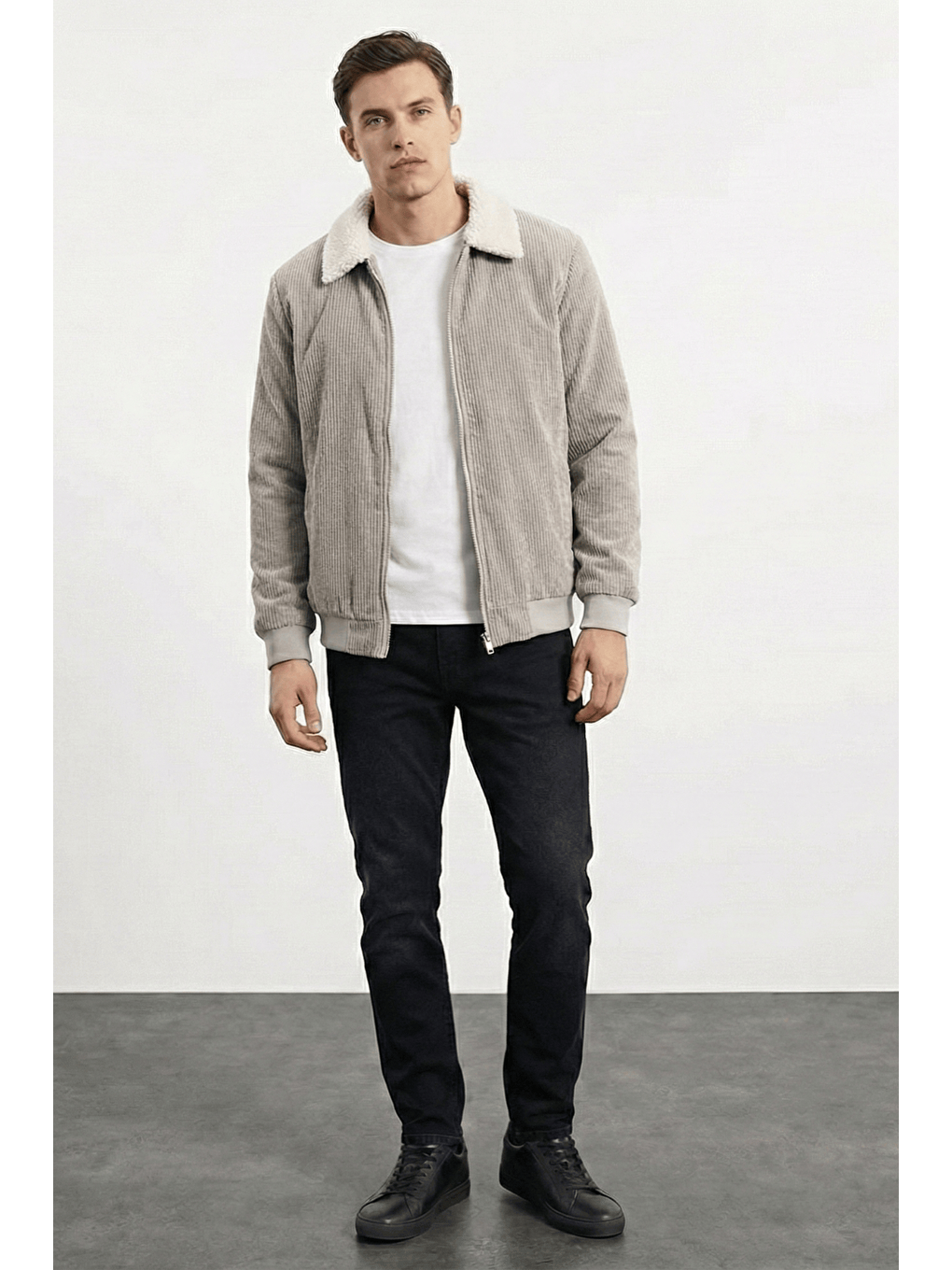 Gri Erkek Kadife Mont Pelüş Astarlı Gömlek Yaka Rüzgar Geçirmez Kadife Mont-2