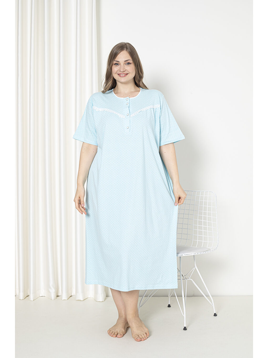 Yeşil %100 Pamuklu Penye Kısa Kol Büyük Beden Anne Geceliği 051