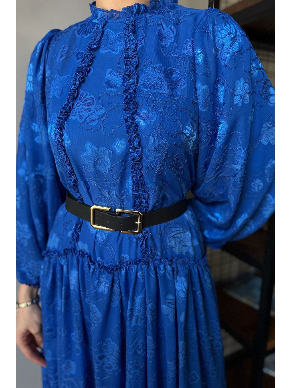 Mavi İşlemeli Ve Astarlı Tesettür Şifon Elbise-2