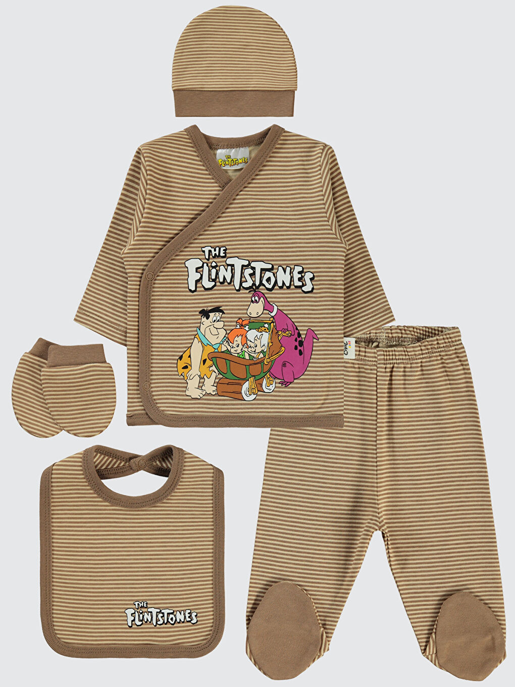 Kahverengi The Flıntstones Erkek Bebek Zıbın Takımları Sütlü Kahve