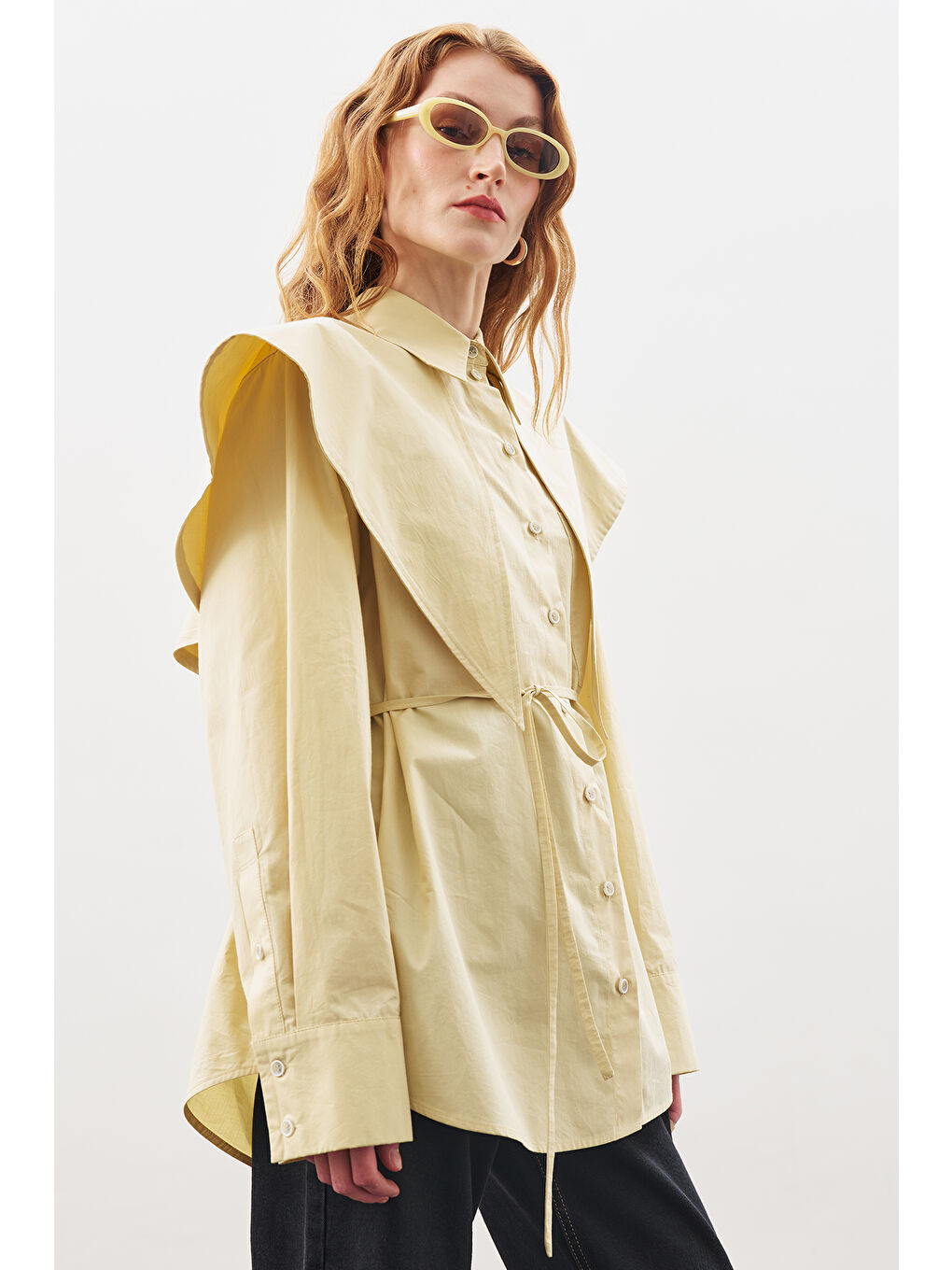 Üçgen Fularlı Oversıze Gömlek Soft Sarı