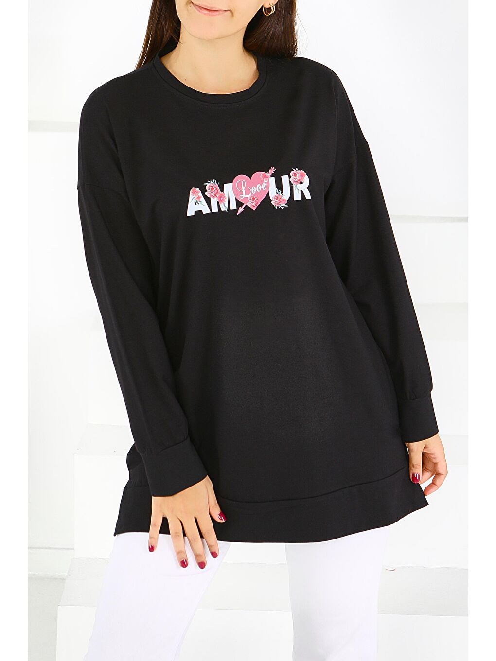 Uzun Kollu Baskılı Süprem Tunik Siyah - 27584-1