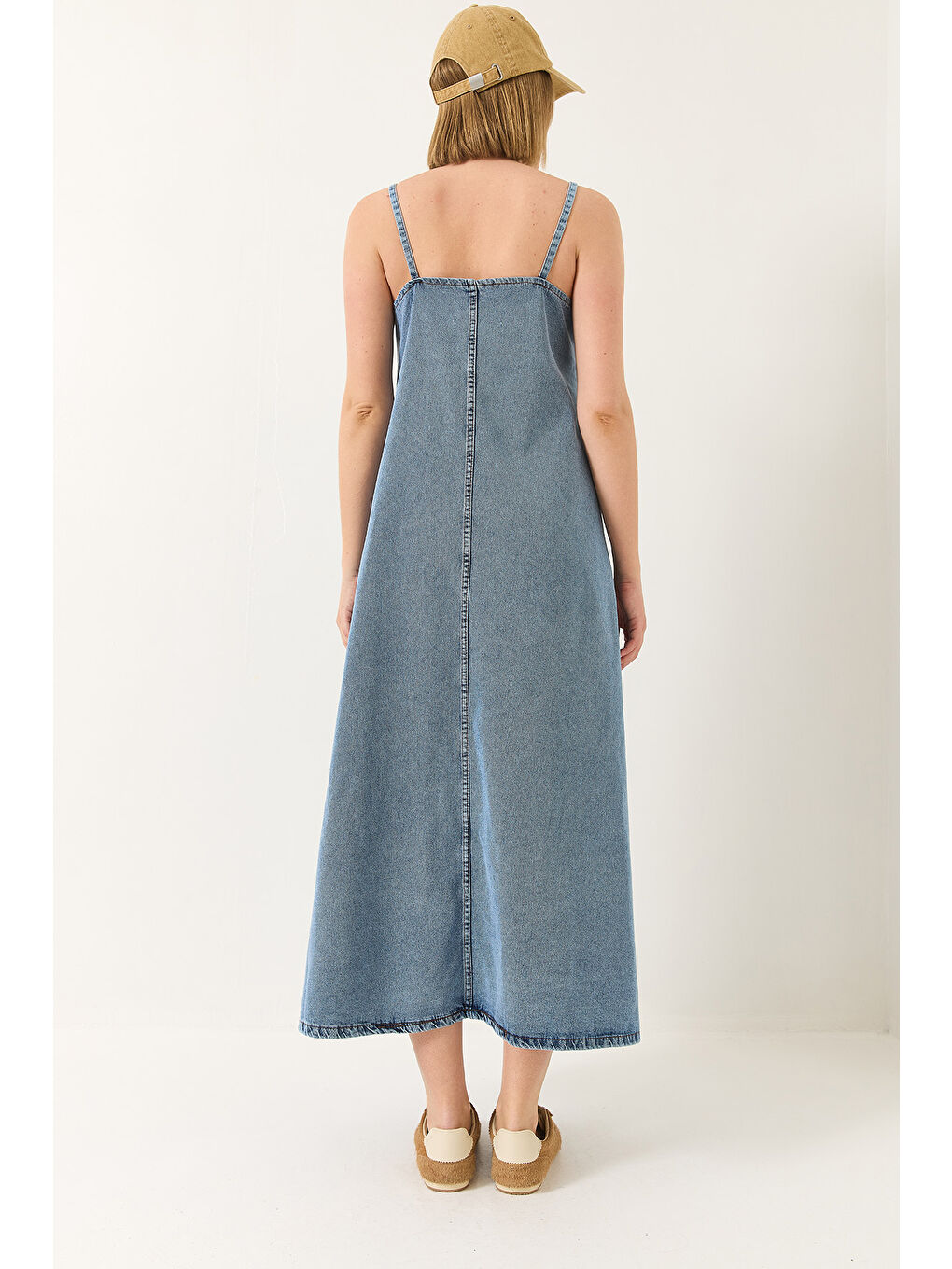 Mavi Kadın İnce Askılı Uzun Denim Elbise-6