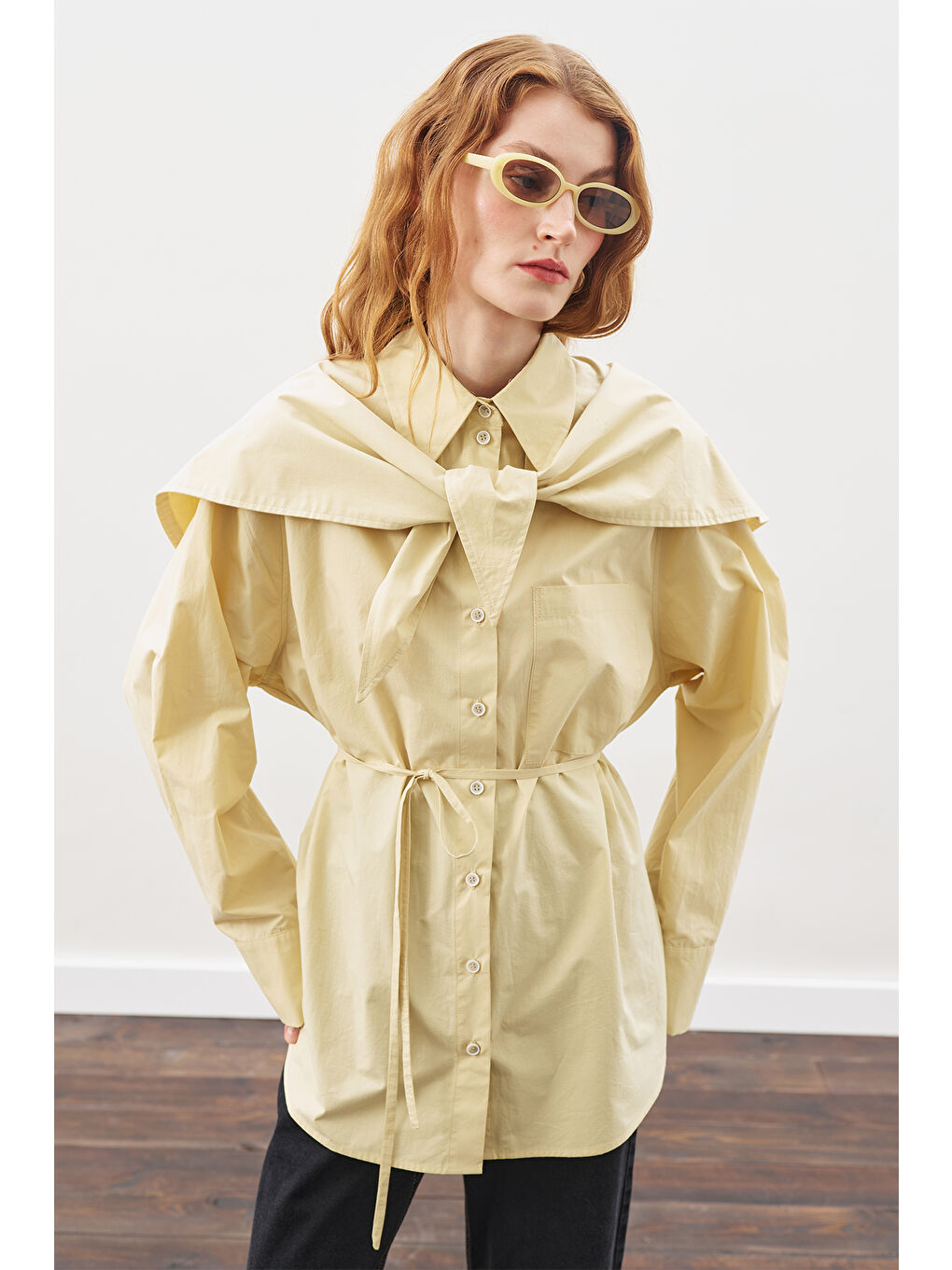 Üçgen Fularlı Oversıze Gömlek Soft Sarı-1